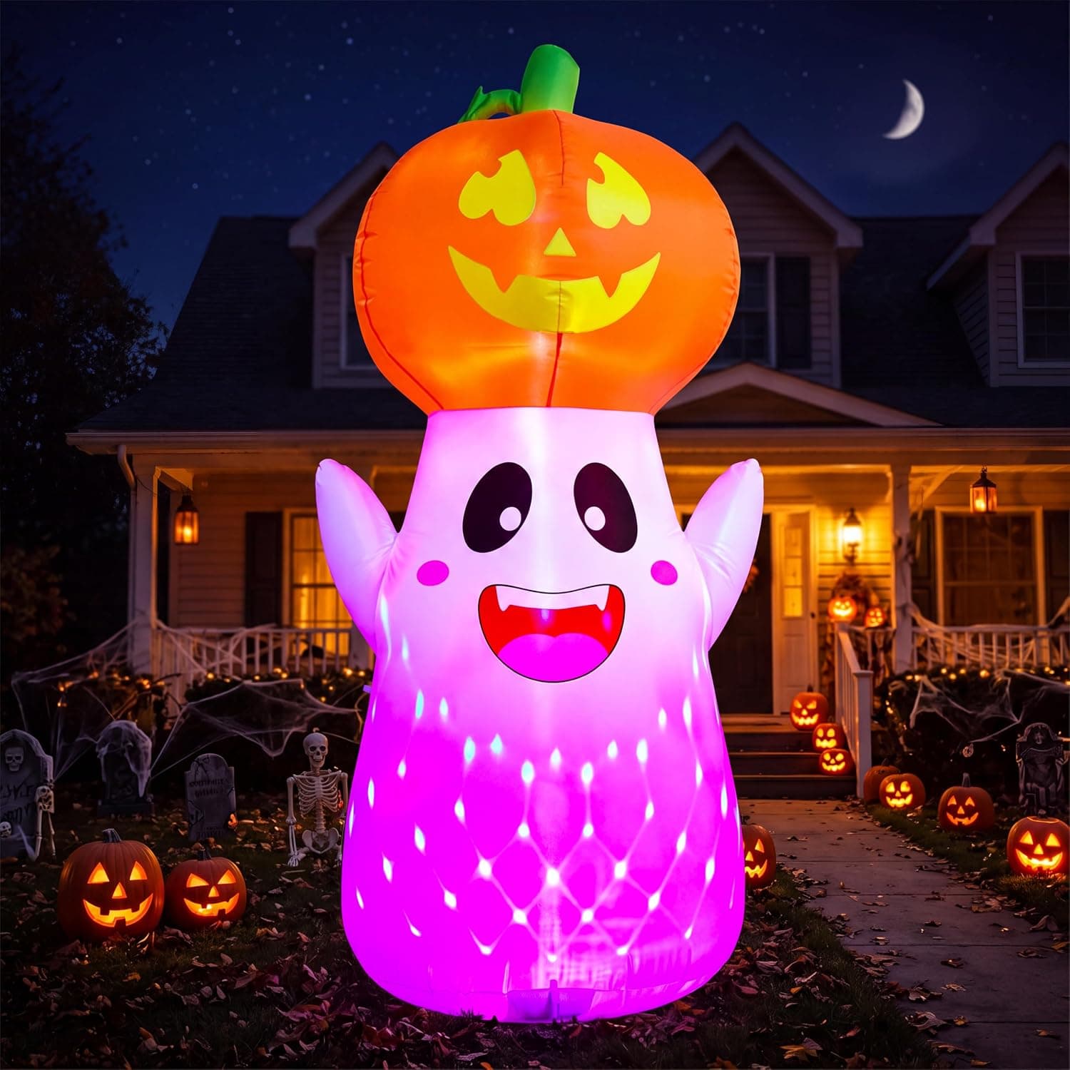Joiedomi 5FT Tall Halloween Inflatable Ghost Pumpkin with Lights Yard Decorations