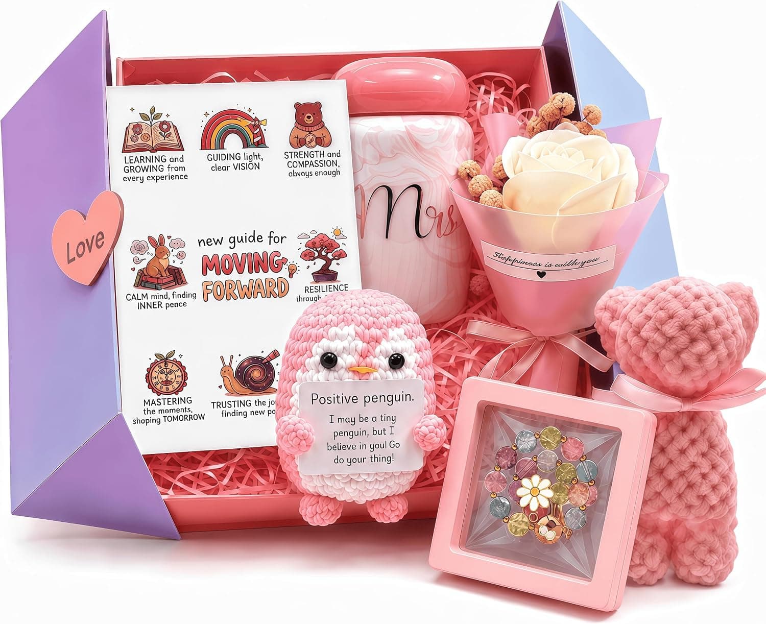 10oz Marble Drink Cup Gift Box Kit with Crochet Penguin Ornament, Crystal Bracelet, Inspirational Congratulation Gift for Women, Farewell Present for Female Coworkers