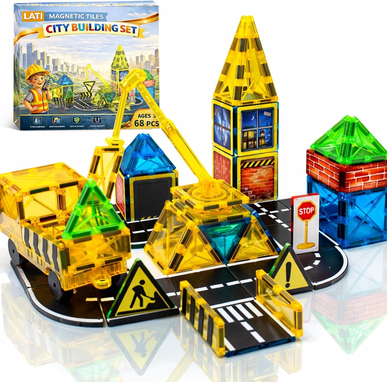 LATI Construction Magnetic Tiles City Set for Kids, Double-Sided Day & Night Building Blocks with Crane, Roads, Traffic Signs & Construction Vehicles, STEM Learning Toy for Boys & Girls Ages 3+