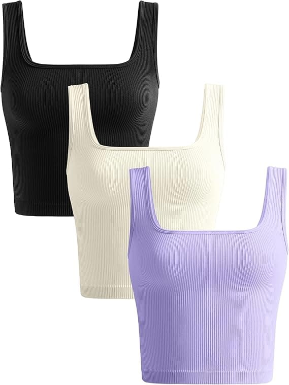 KIKIMINK Women’s 3‑Pack Seamless Ribbed Crop Tank Tops – Square Neck Workout Camis