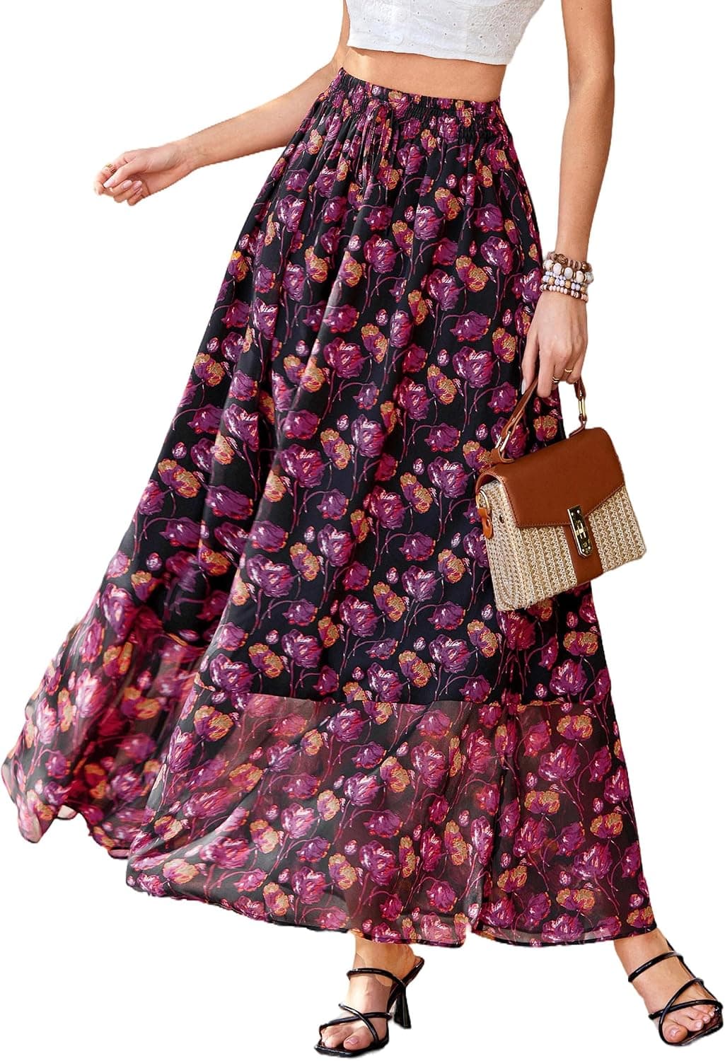 PRETTYGARDEN 2026 Summer Maxi Long Skirts for Women Trendy Boho Floral High Waisted Slit Flowy Travel Beach Vacation Clothes