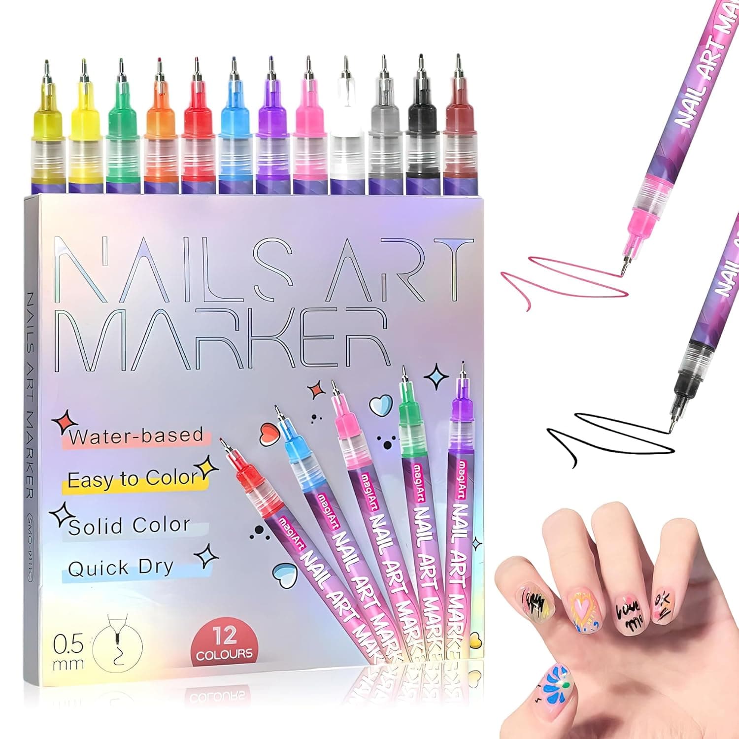 ZMRZ Nail Art Pens Set – 12 Colors, 0.5mm Fine Tip Water‑Based Markers