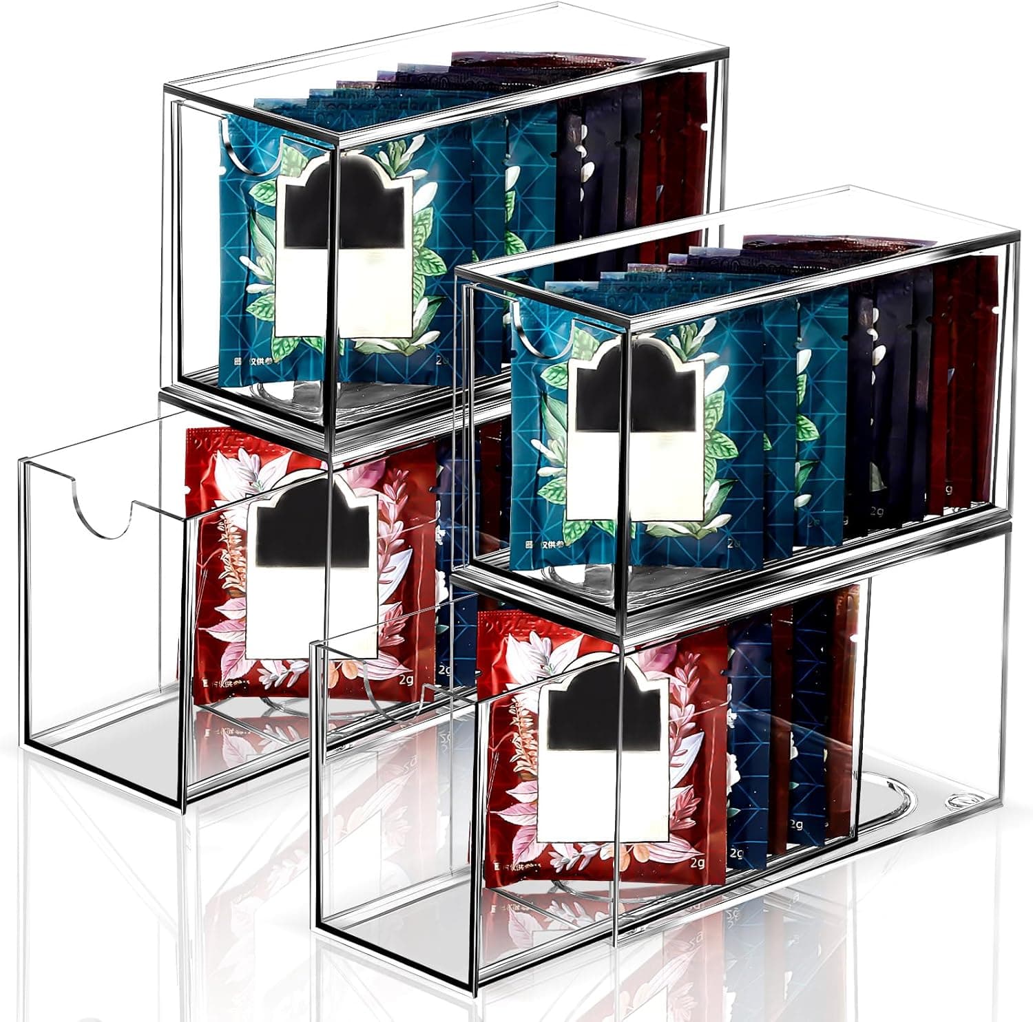 Wonderjune 4‑Pack Clear Tea Bag Drawer Organizers – Stackable Pull‑Out Tea Storage Bins