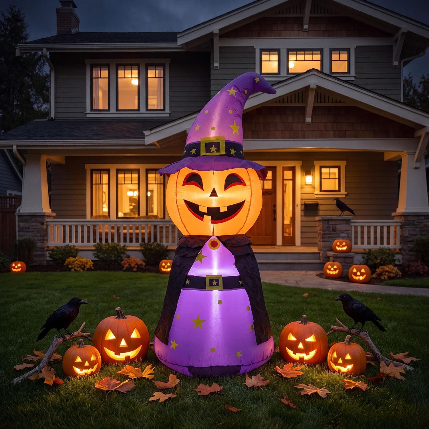 5FT Halloween Inflatables Pumpkins Wearing Witch Hats Built-in LEDs for Halloween Inflatables Outdoor Decoration Blow up Pumpkin for Party Haunted House Garden, Lawn, Indoor & Outdoor Use