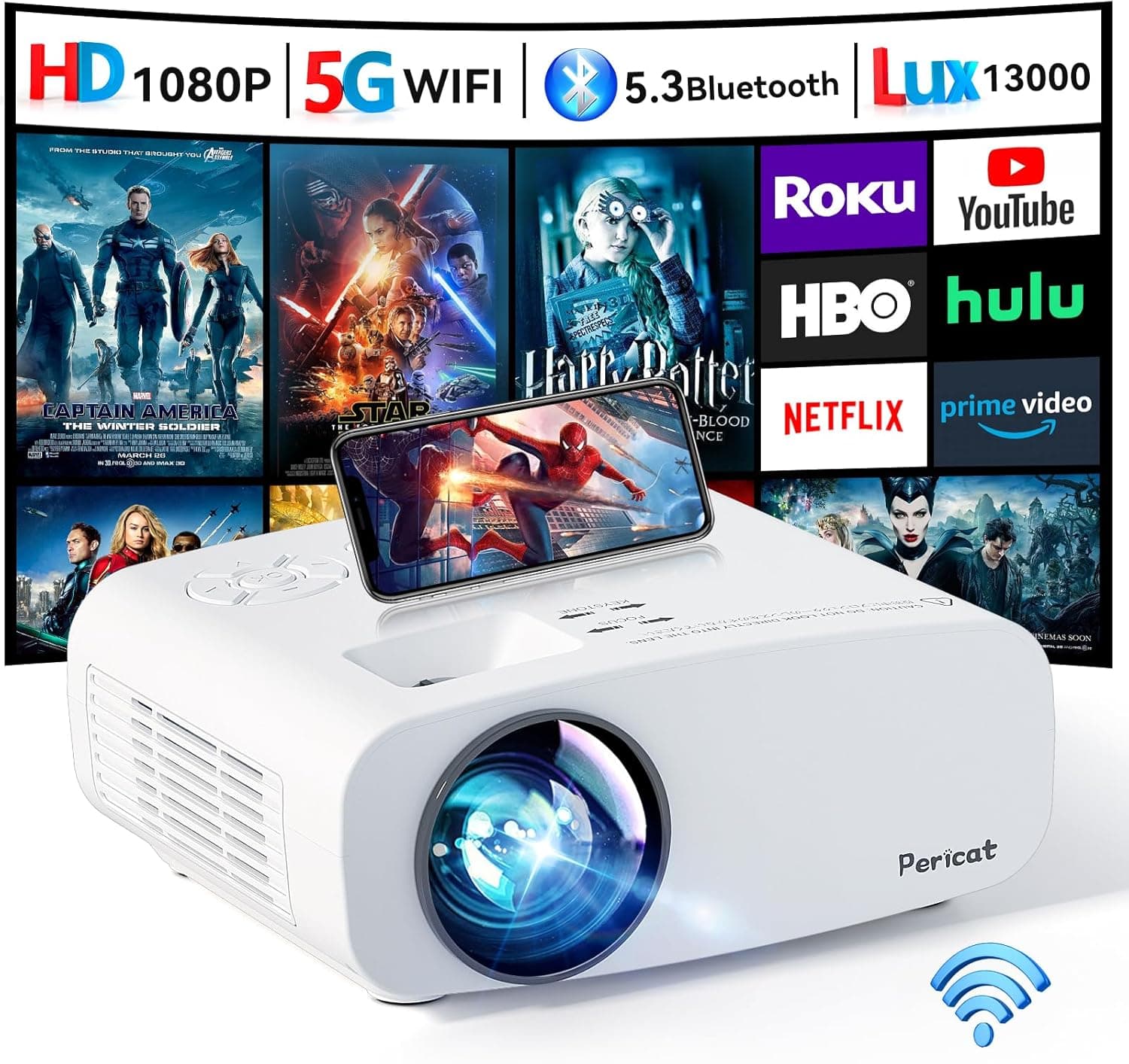 Pericat Projector with WiFi and Bluetooth, 4K Supported Native 1080P Portable Outdoor Home Theater Projector