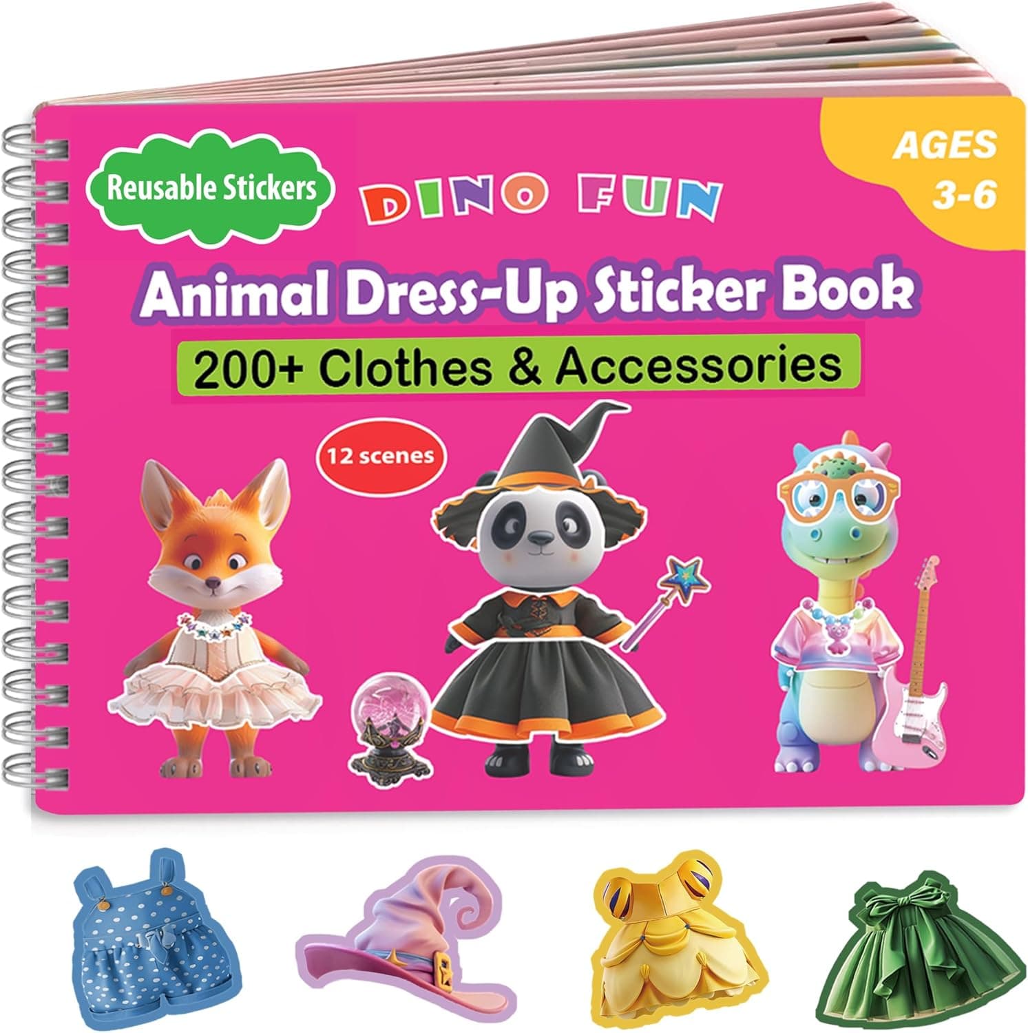 Dino Fun Animal Dress-Up Sticker Book for Kids - Reusable Sticker Pad for Toddlers 2-4 Years, Includes 12 Animals & 200+ Outfits, Travel Activity Toys and Quiet Book Gifts for Girls
