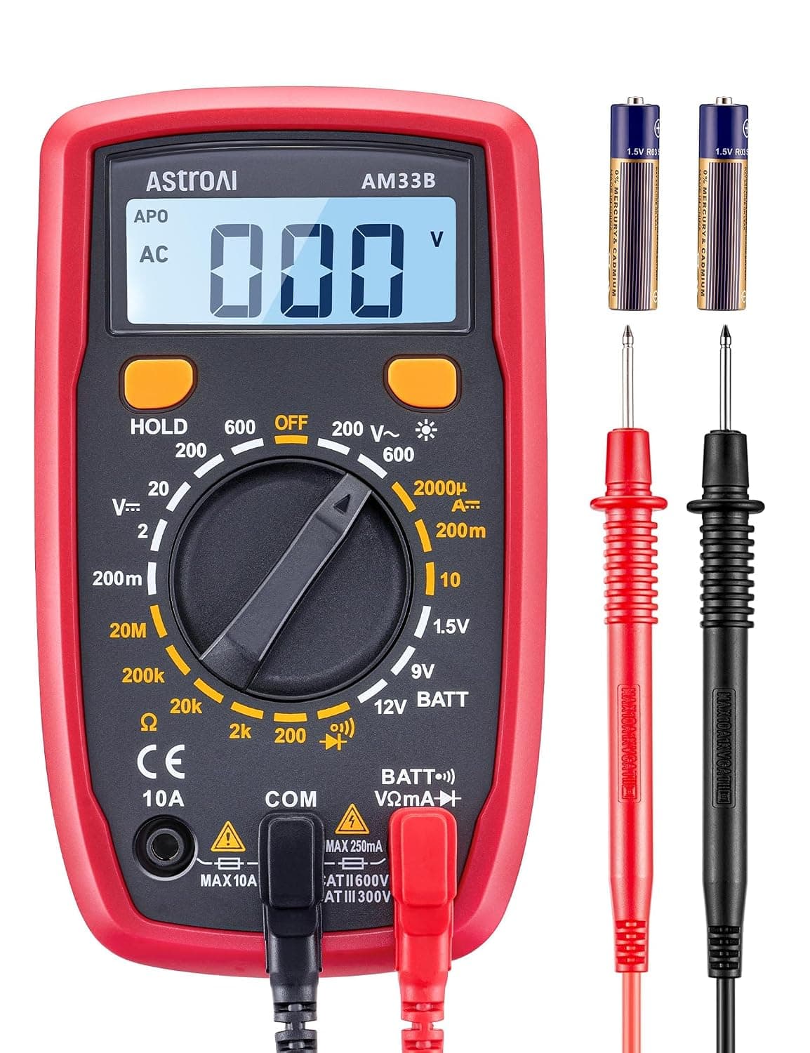 AstroAI Digital Multimeter Tester 2000 Counts with DC AC Voltmeter and Ohm Volt Amp Meter; Measures Voltage, Current, Resistance, Continuity and Diode, Black