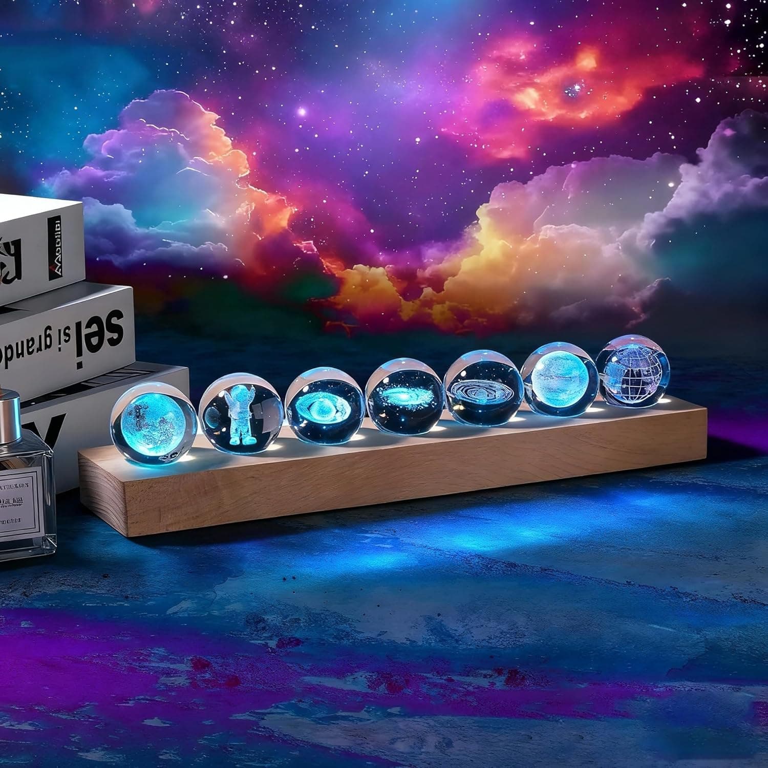 Aoyosic 7‑Piece Planet Crystal Ball Night Light with LED Wooden Base