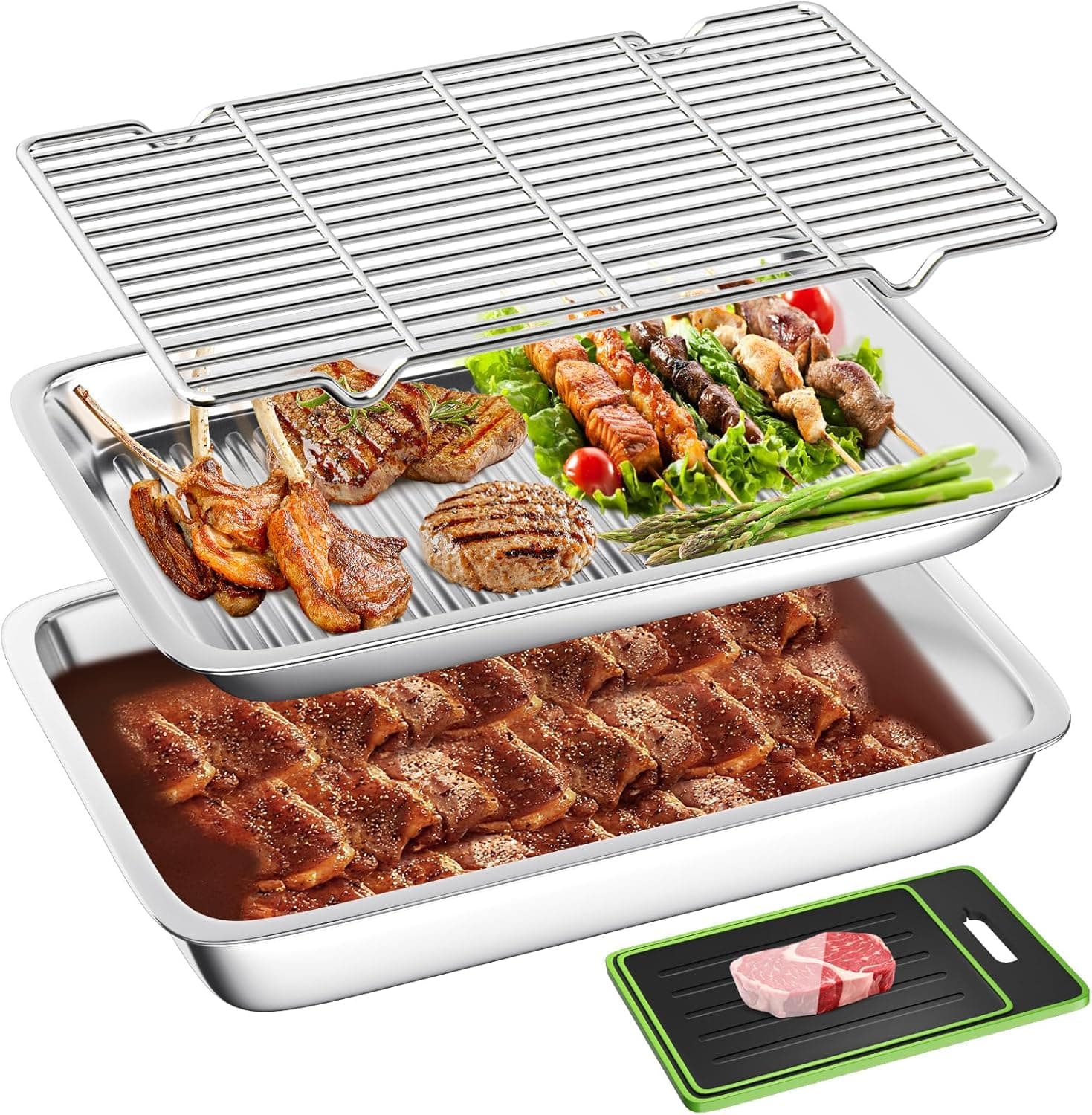 Grilling Prep and Serve Trays, 4 in 1 Stackable Stainless Steel BBQ Food Prep Trays with Cutting Board, Deep Marinating Container, Cooling Rack, Grill Pans BBQ Prep Tub, BBQ Accessories Gift