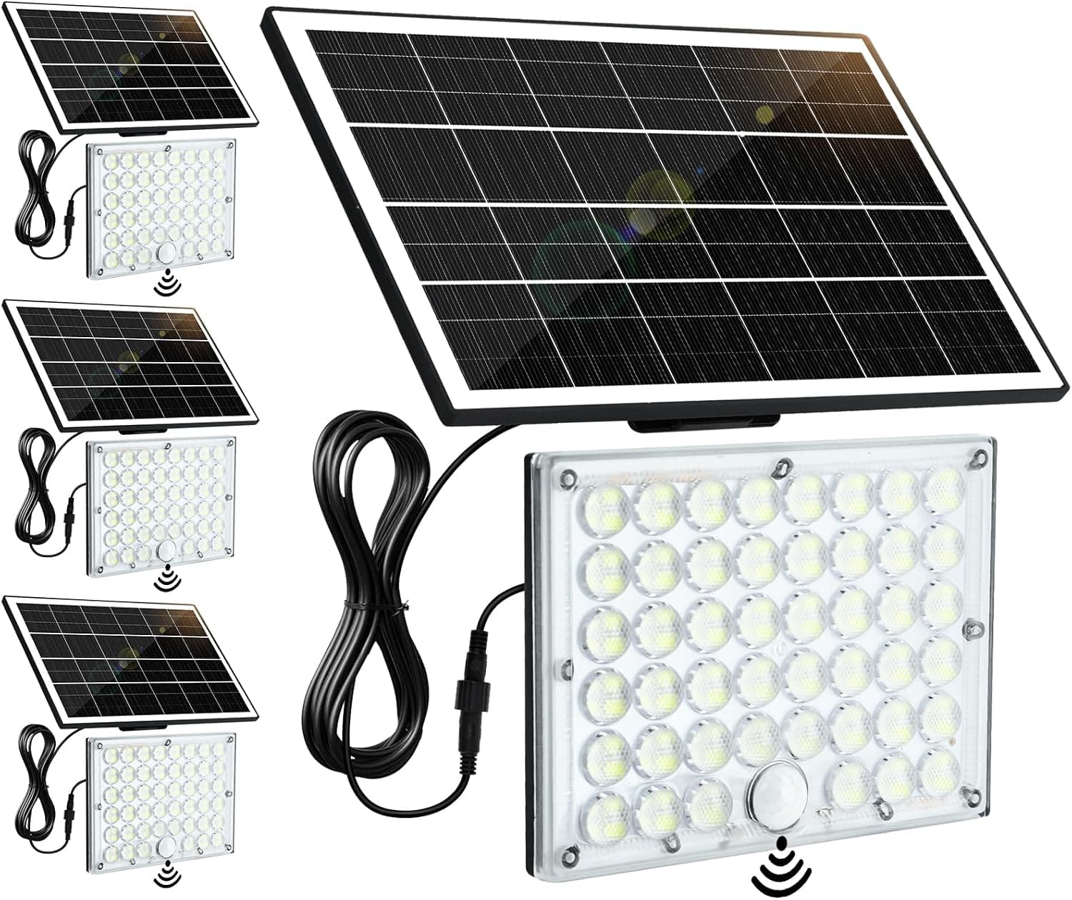 4Pack Solar Motion Lights Outdoor,3600LM Bright 184 LEDs Larger Solar Panel Security Lights 3600mAh Battery,3 Modes Flood Lights Outside 6500K IP65 Waterproof for Yard,Garage,Patio,16.4ft Cord