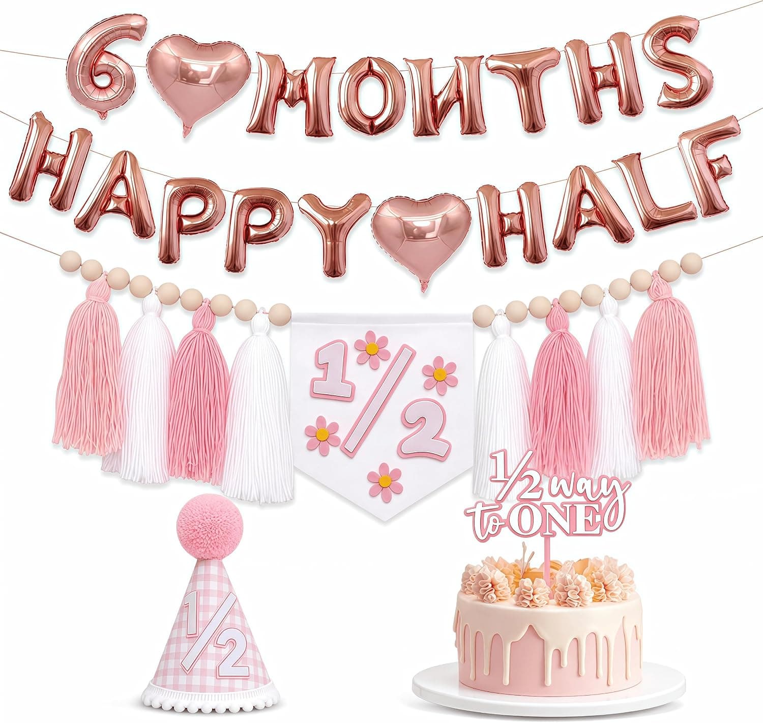 Half Birthday Decorations 6 Months Birthday Decorations, Pink Heart Party Kit with Banner, High Chair Banner, Cake Topper & Hat for Milestone Celebration