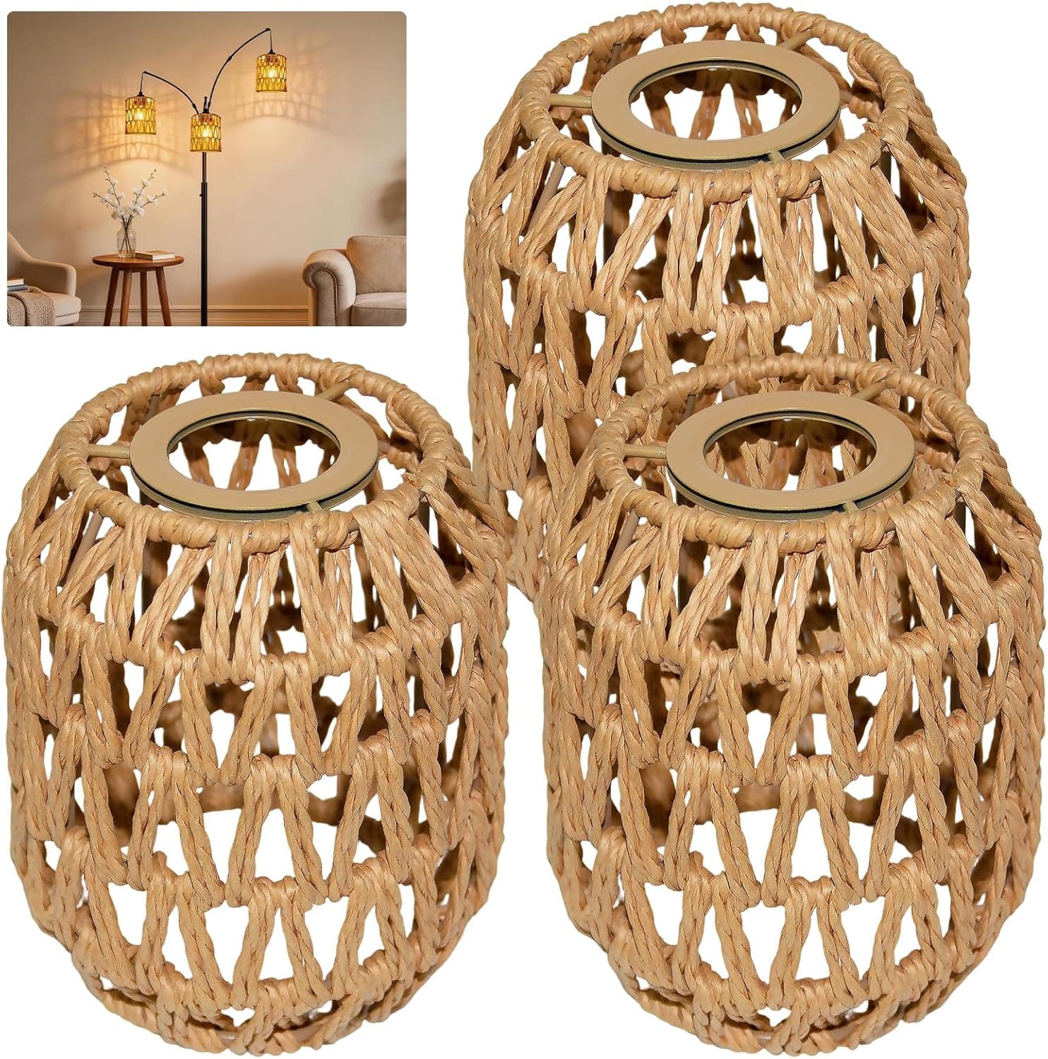 LUCORUSC 3 Pack Rattan Lamp Shades – Boho Woven Pendant & Floor Lamp Shades