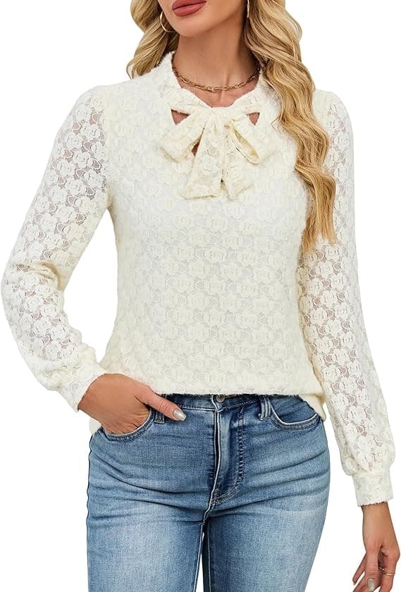 Blooming Jelly Women's Lace Long Sleeve Tie-Front Dressy Blouse