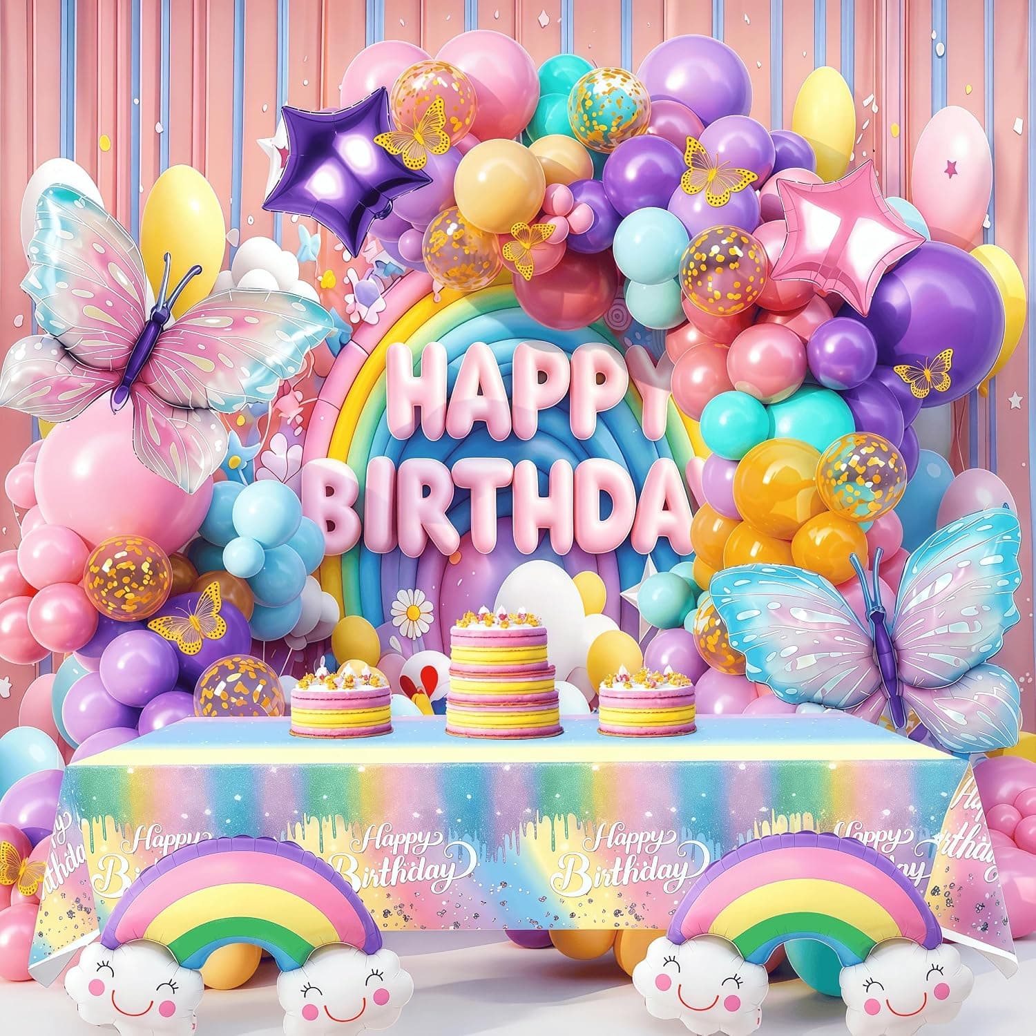 122Pcs Pastel Birthday Decorations Balloon Arch Kit, Rainbow Birthday Decorations Party Supplies with Macaron Balloons, Butterfly Foil Balloons, Tablecloth & Decor for Theme Parties