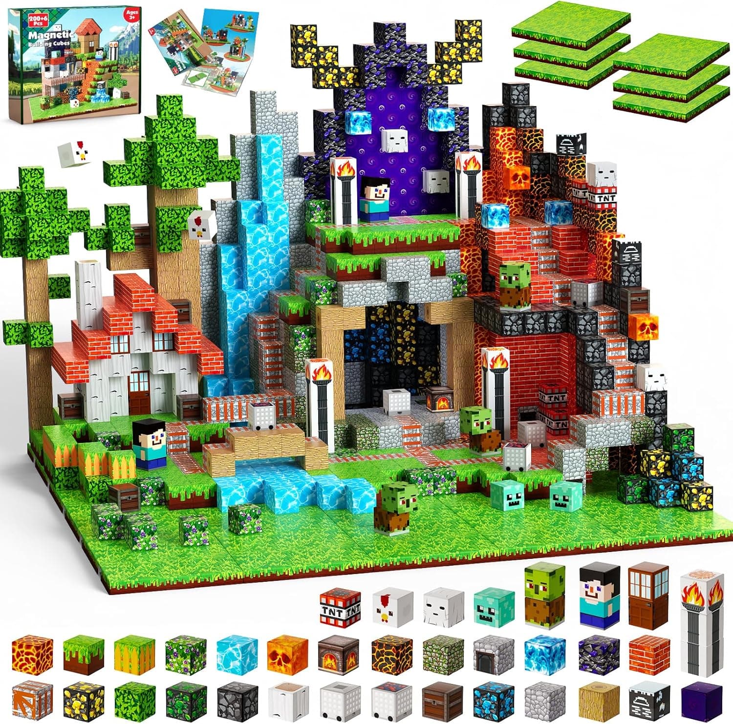 200PCS Magnetic Blocks - Magnetic Blocks with 6 Base Plate, Magnetic Building Blocks for Kids Ages 4 5 6 7 8, Stacking Magnets, Birthday Gifts for 3-8 Year Old Boy Girls