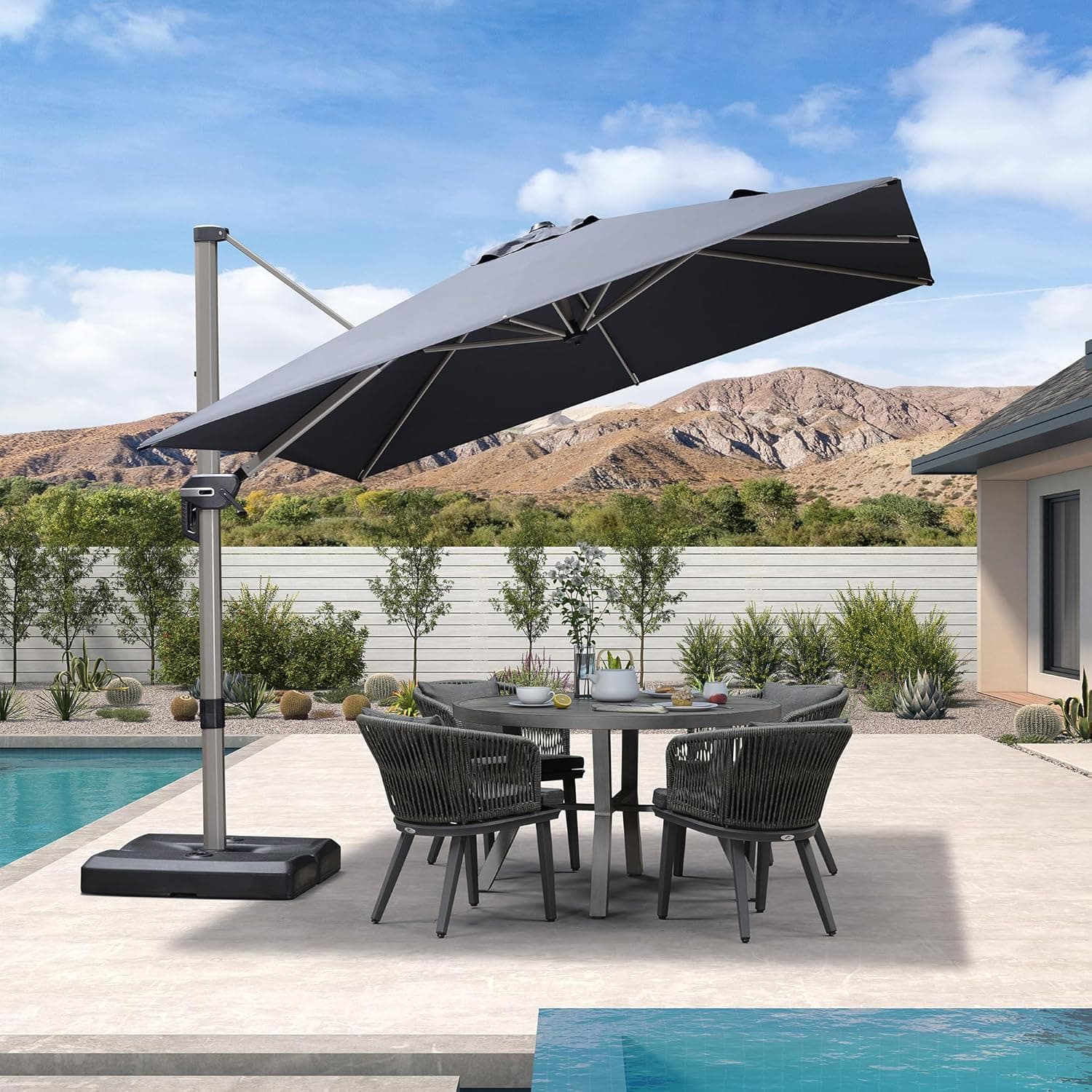 PURPLE LEAF 9’ X 9‘ Patio Umbrella Outdoor Cantilever Umbrella, Aluminum Offset Umbrella with Champagne Frame and 360° Rotation for Pool Deck Garden, Grey