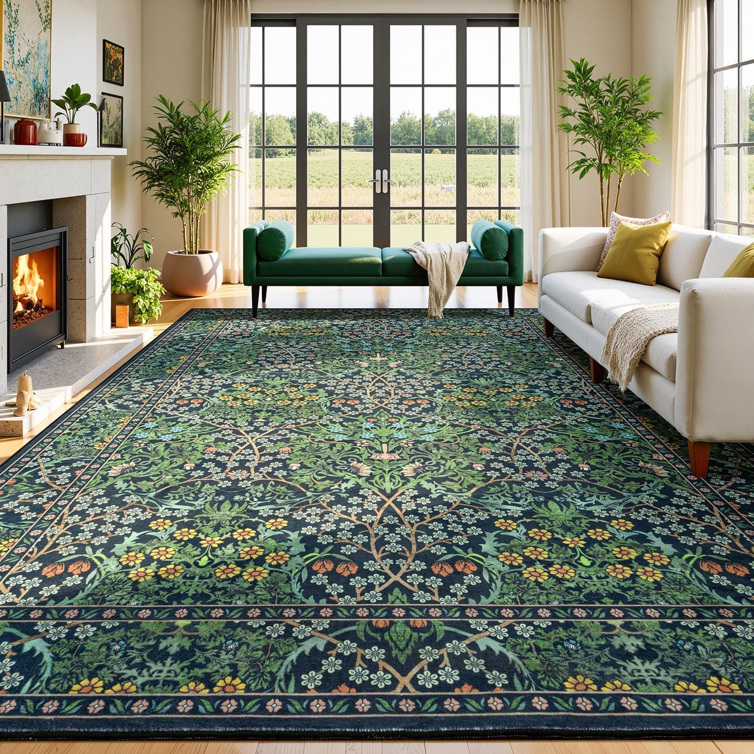 Lessymo Floral Living Room Rug 8x10 – Vintage Forest Washable Low-Pile Area Rug