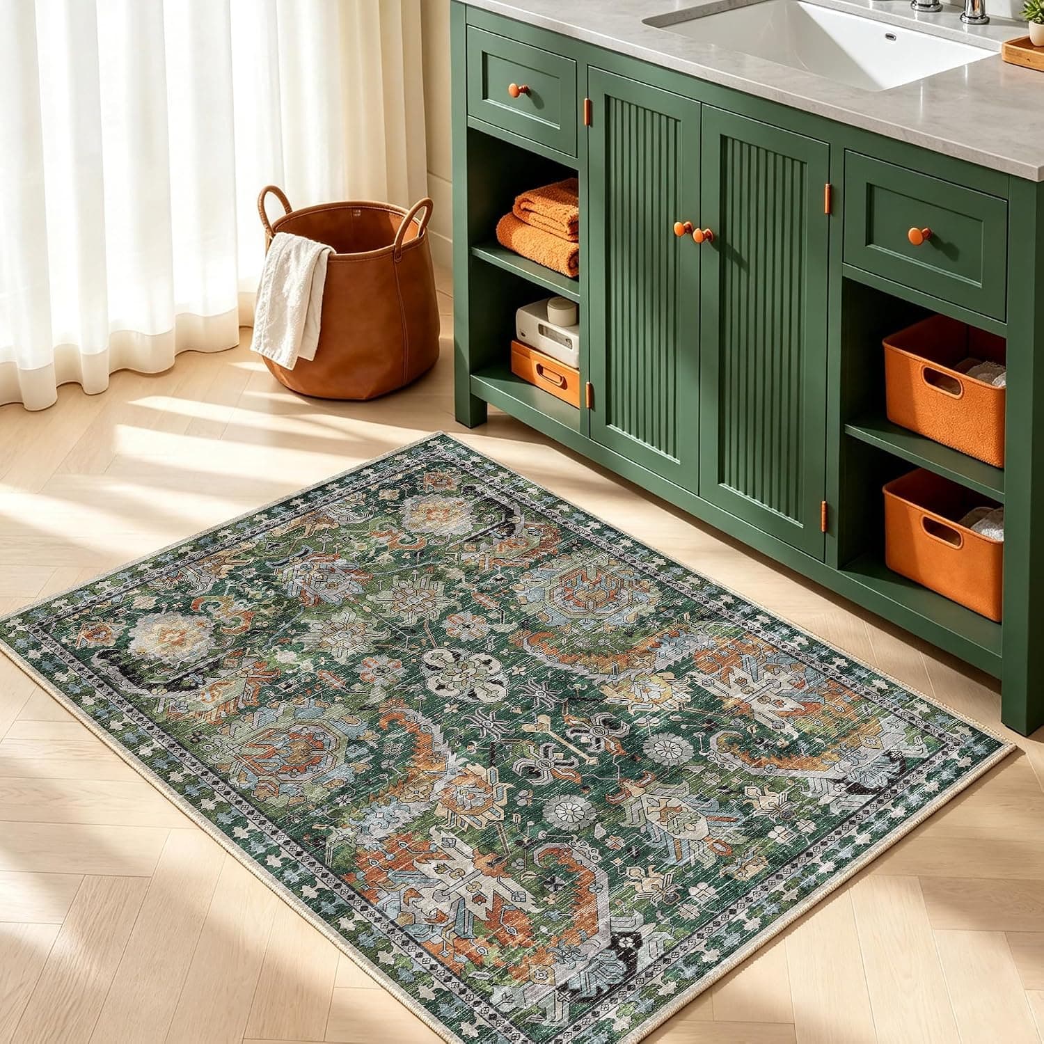 Washable Area Rugs - Perfect for Living Room, Bedroom, Kids Room, Nursery - Stain & Water Resistant Non-Slip, Pet & Child Friendly, Vintage Tribal Area Rugs (Green, 3' x 5 ')