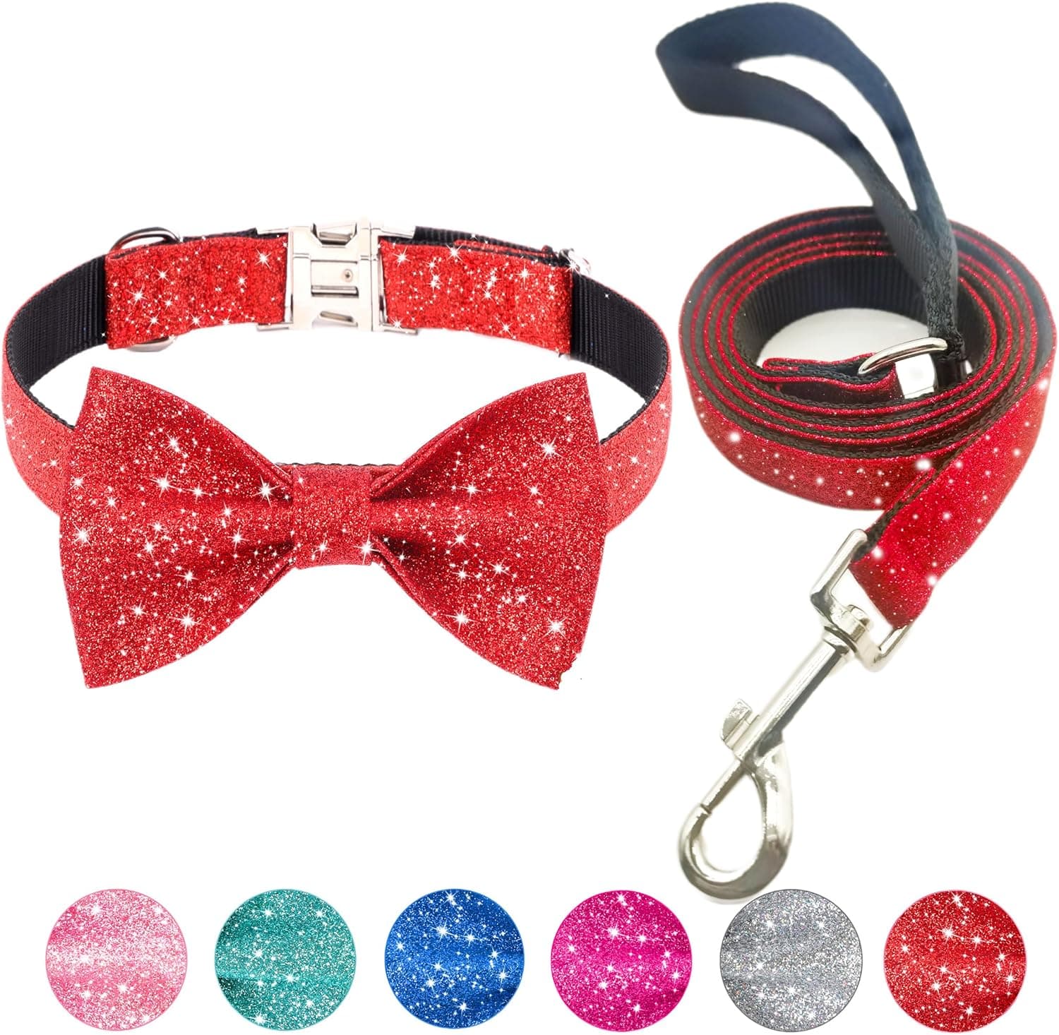 Bling Bow Tie Collar and Leash Set, Red Christmas Dog Collar with Bow and 5ft Leash for Puppy Small Dogs (Neck fit 9-12'')