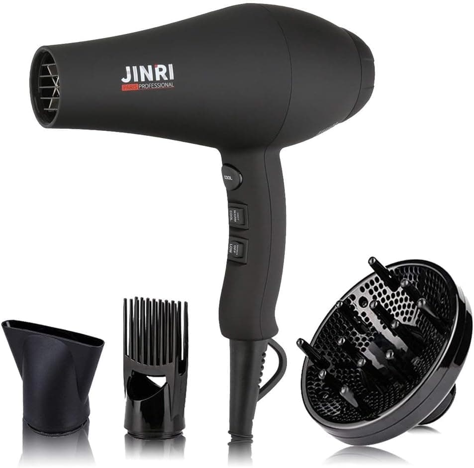 JINRI Ionic Hair Dryer with Diffuser & Comb and Concentrator, Lightweight Quiet Infrared Blow Dryer, Powerful 1875 Watt Motor for Smooth and Fast Drying Hair, Black