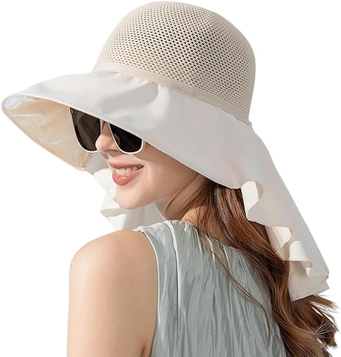 Womens Summer Quick-Dry Sun Hat Outdoor - Mesh Wide Brim UV-Protection Beach Fishing Hats Foldable Neck-Cover