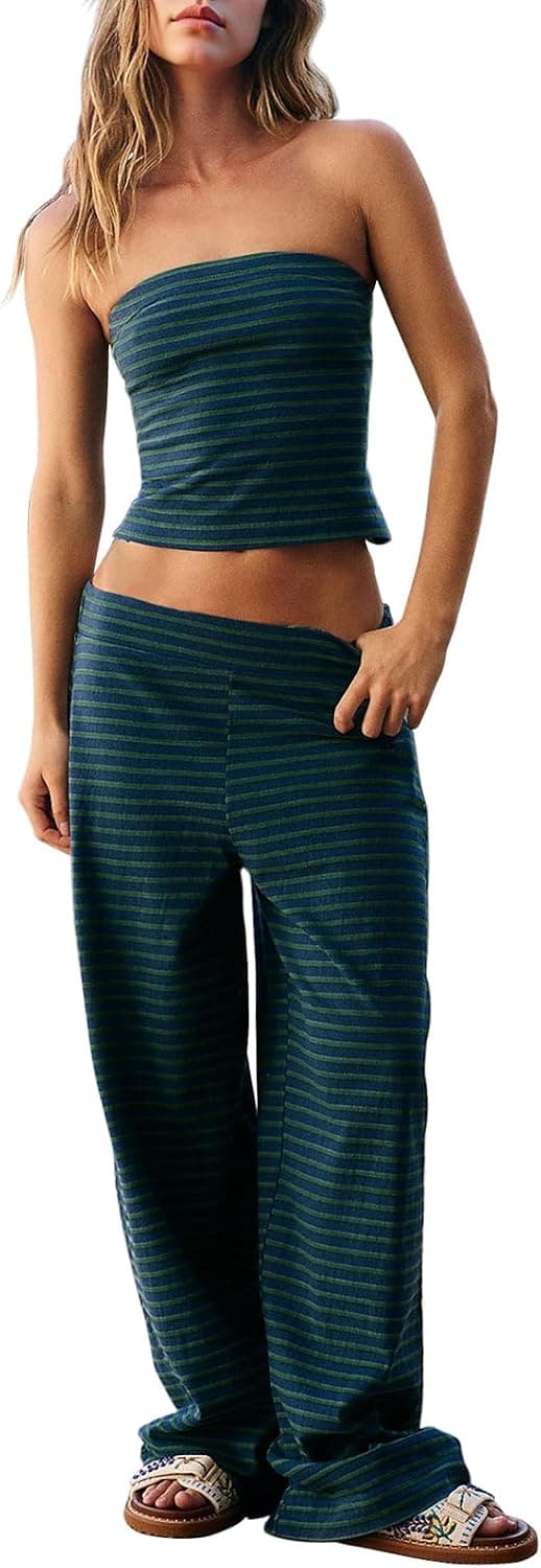 Dokuritu Two Piece Sets for Women Summer Sleeveless Outfits Lounge Sets Striped Tube Top and Wide Leg Pants Beach Vacation