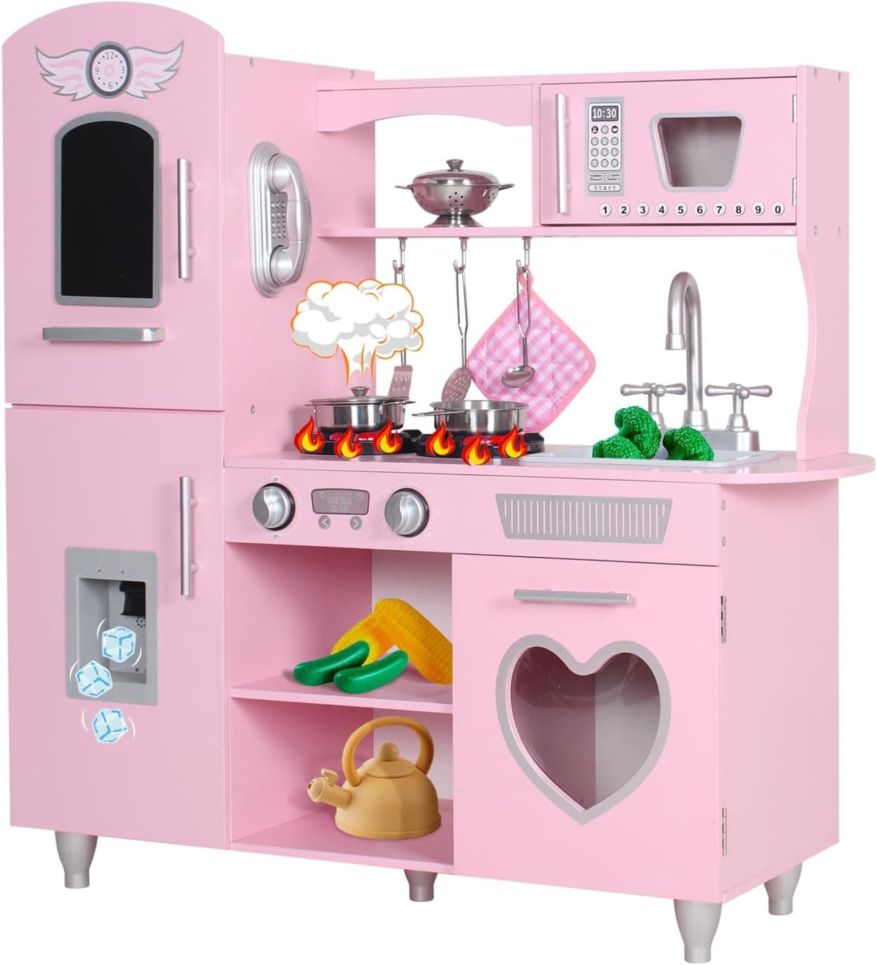 TaoHFE LED Upgrade Kitchen Set for Kids Wooden Play Kitchen LED Gas Tray with Sound Toy Kitchen Sets for Girls Gift Enjoy Cooking with Lights and Sounds Pink Kitchen for Toddlers Kids Kitchen Playset