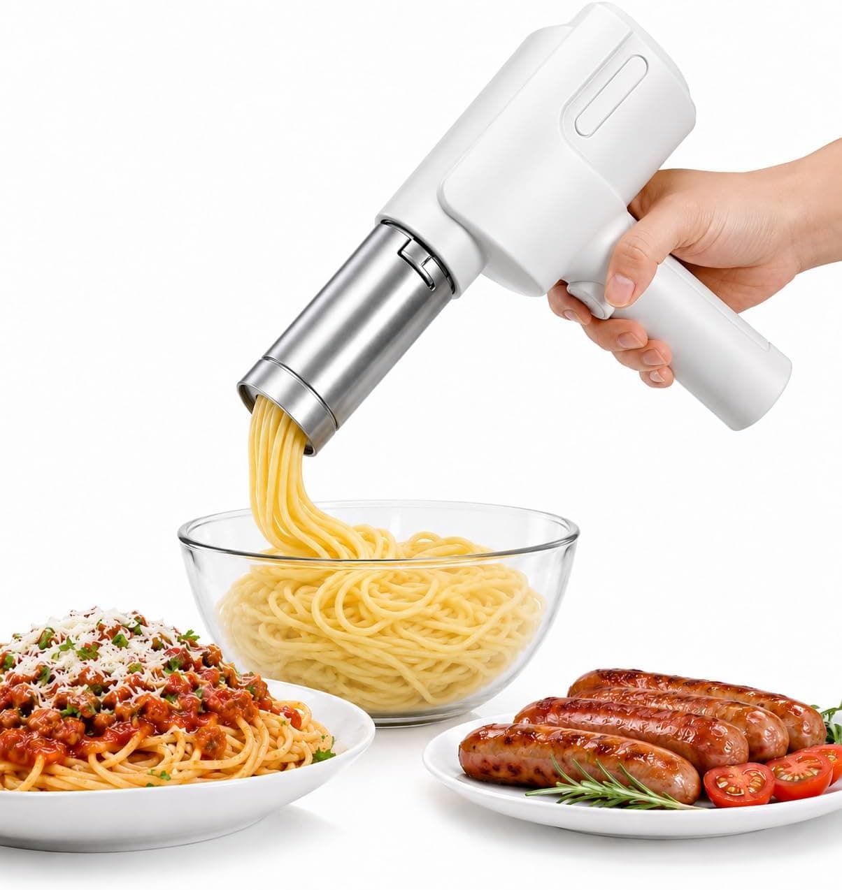 5-in-1 Cordless Electric Noodle Maker, Rechargeable Potato Ricer & Sausage Stuffer, 304 Stainless Steel Handheld Multifunctional Kitchen Tool Easy Clean for Homemade Pasta Baby Food