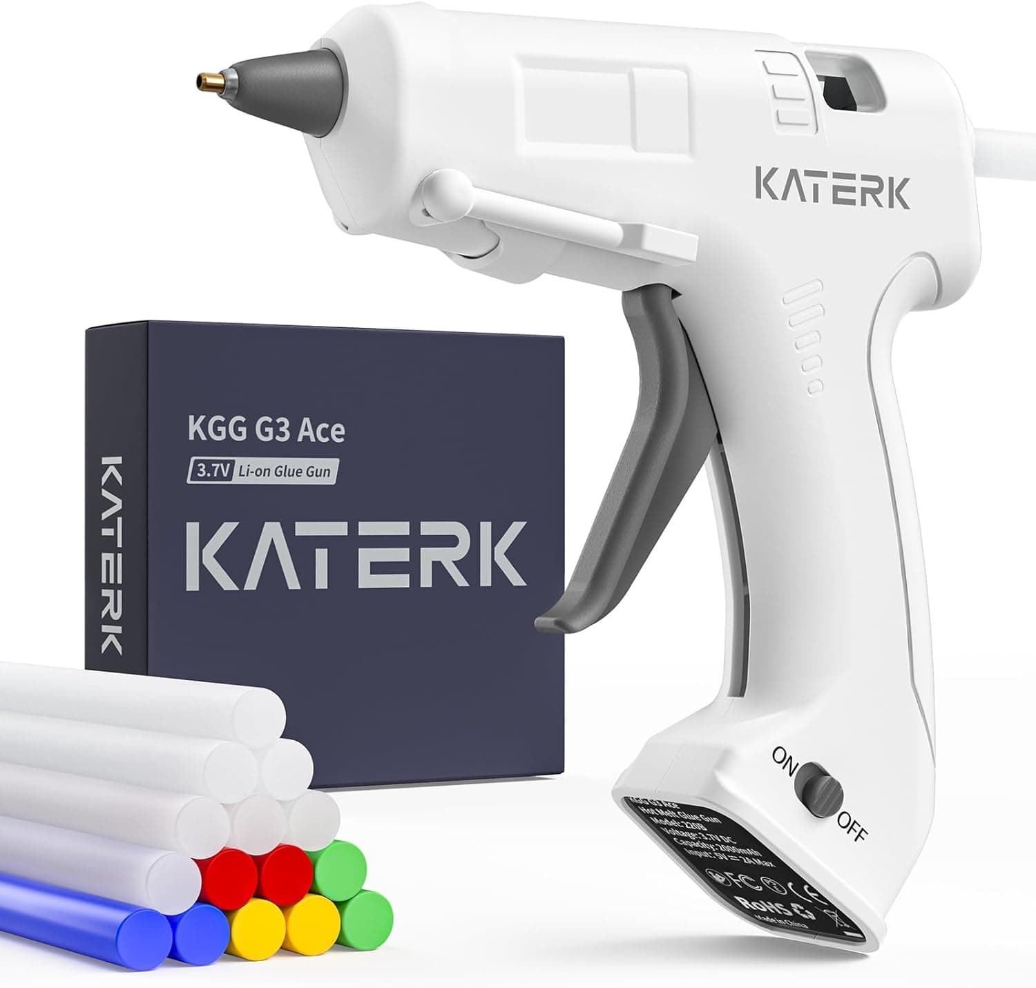 Katerk 3.7V Cordless Hot Glue Gun Kit, 90s Fast Heating, Mini Glue Gun with 15 Glue Sticks, USB-C Rechargeable with 2000mAh Built-in Battery, Ideal for DIY, Gift Making,School Crafts & Repairs (White)