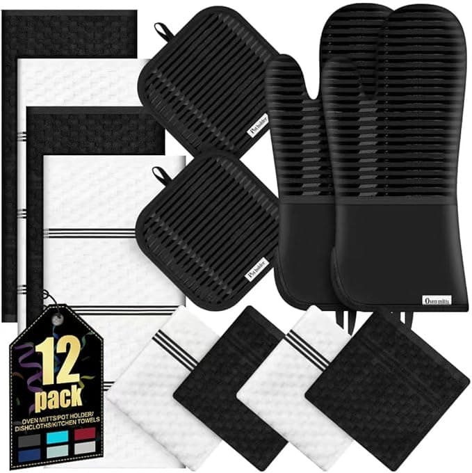 Oven Mitts Kitchen Towels and Dishcloths with Pot Holders Set - Heat Resistant Silicone Grip