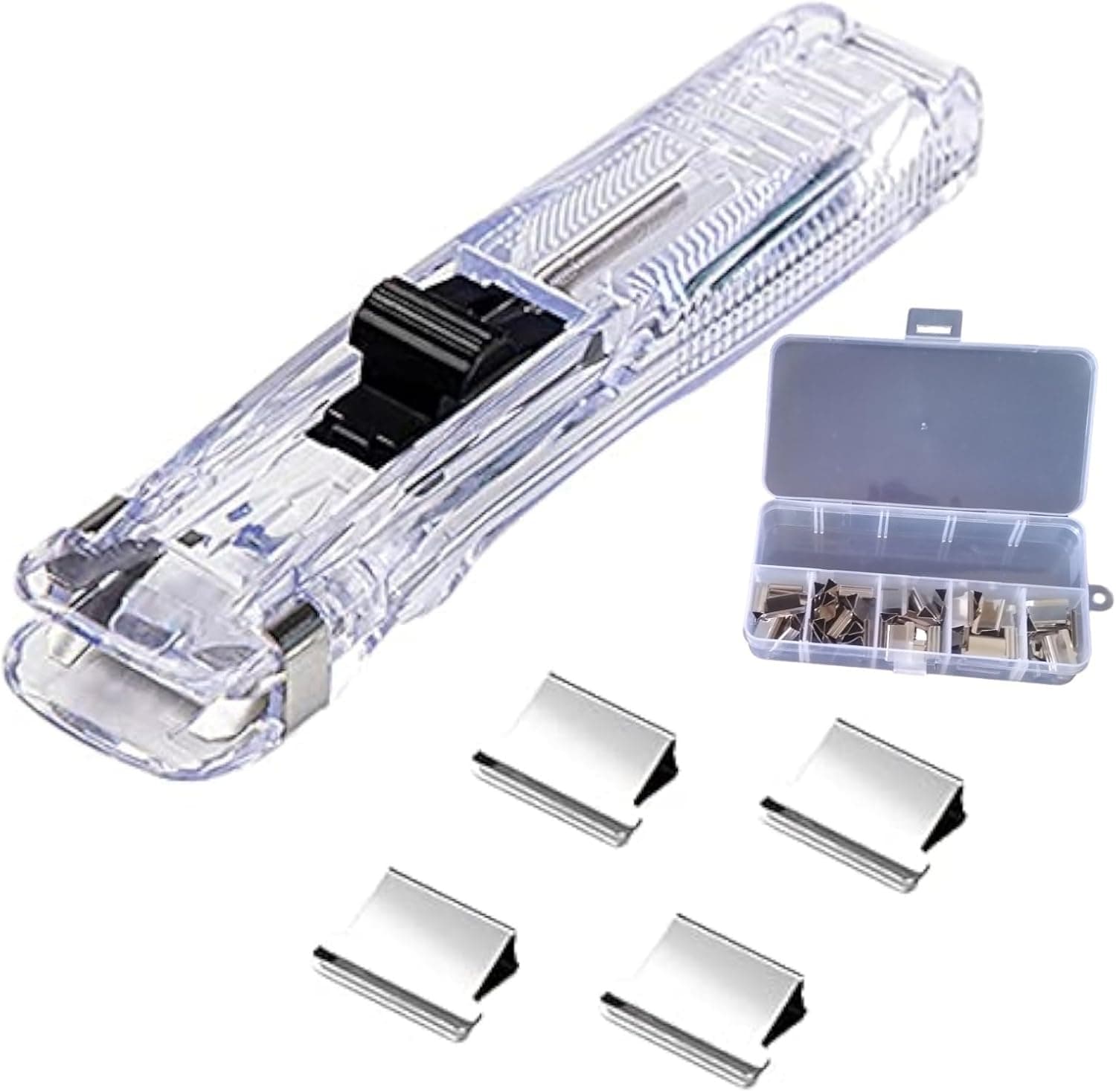 Handheld Paper Clam Clip Dispenser, Upquzzfy Portable Fast Paper Clipper with 50 Reusable Silver Metal Clips for Desktop Document Office/School/Home. | Portable fast paper clip dispenser with storage case. Transparent for easy loading. Office, school, home documents.