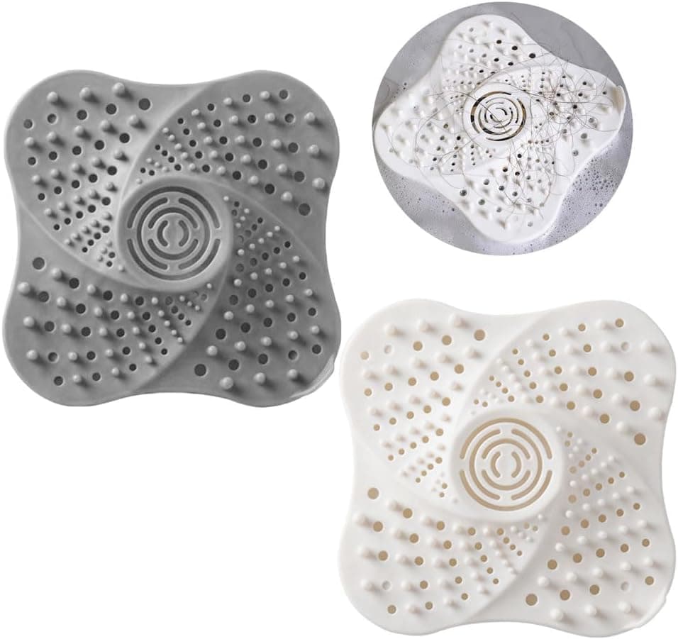 2 Pack Drains Hair Catcher, Silicone Bath Drainer Protector, Sink Drain Strainer with Suction Cup, Hair Stopper Drain for Shower Bathroom Tub Kitchen Drains Shower Drain Cover (Grey + White)