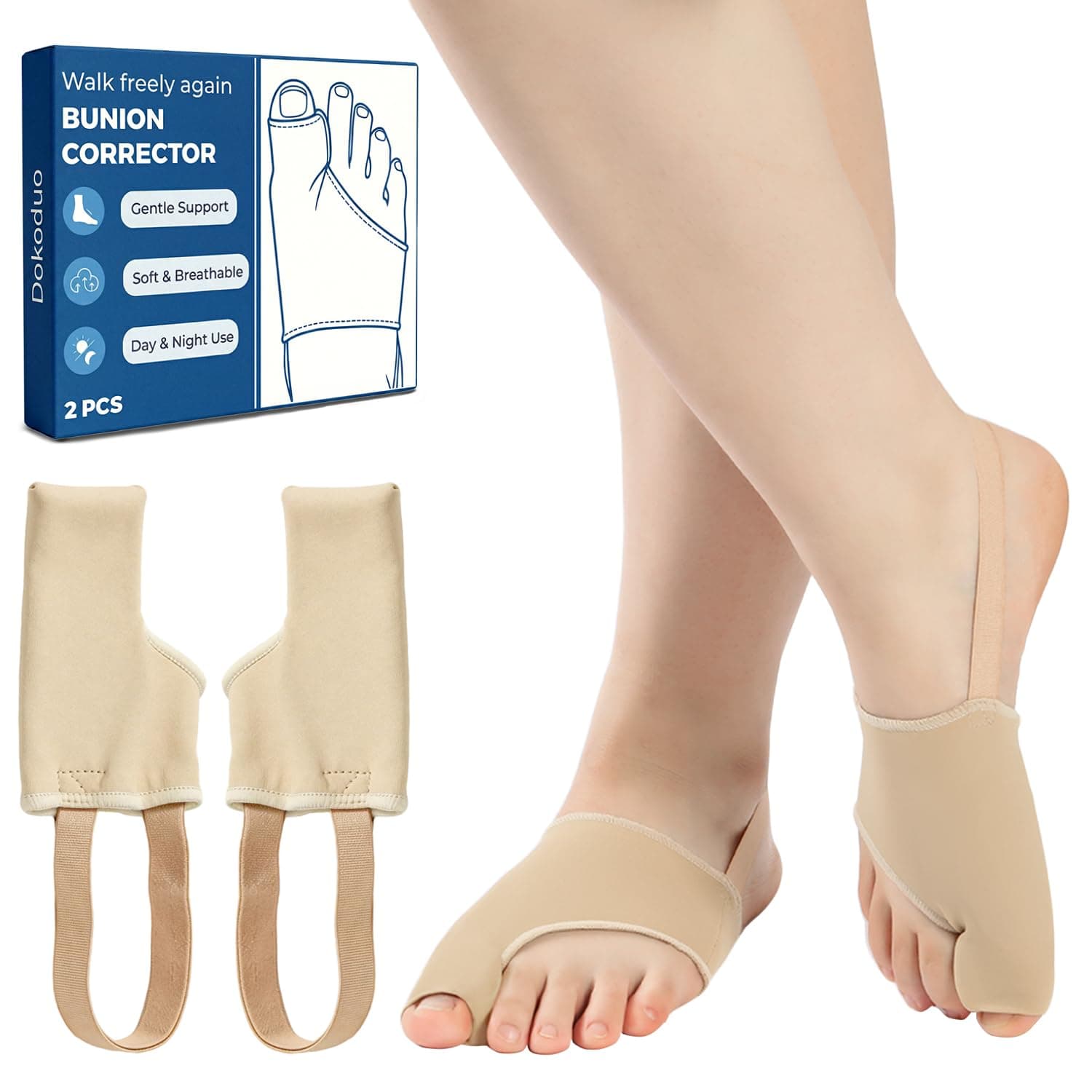 MasterMo 2 PCS Bunion Corrector for Women & Men - Professional Big Toe Straightener with Non-Slip Heel Strap, Breathable Bunion Splint & Relief Socks for Hallux Valgus, Day & Night Support (Nude, L)