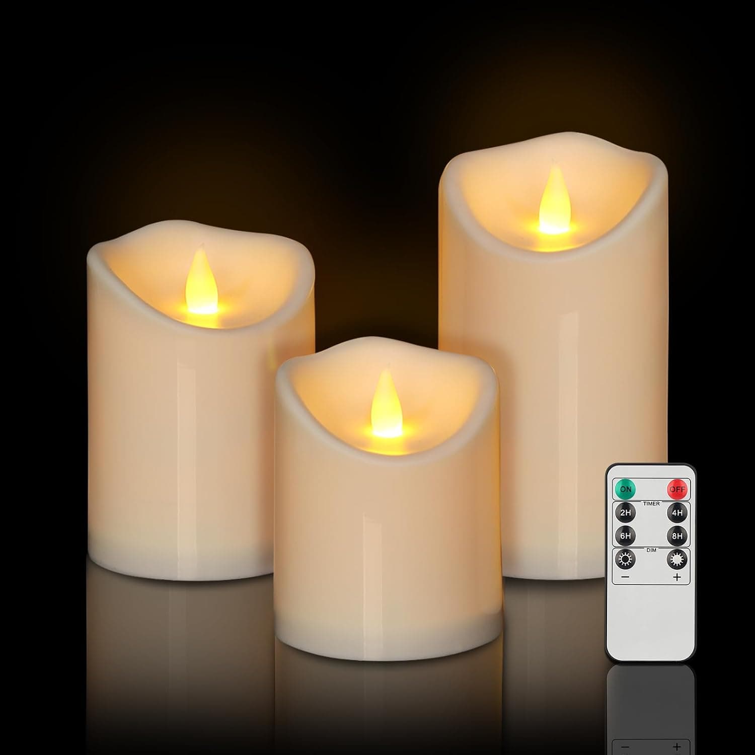 Outdoor Indoor Flameless Candles, Patented 3D Dual-LED, Set of 3 Slanted Top Durable Plastic Pillars with Remote, Table Centerpiece for Living Room Shelf, Non-Melting Battery Candles (Ivory)