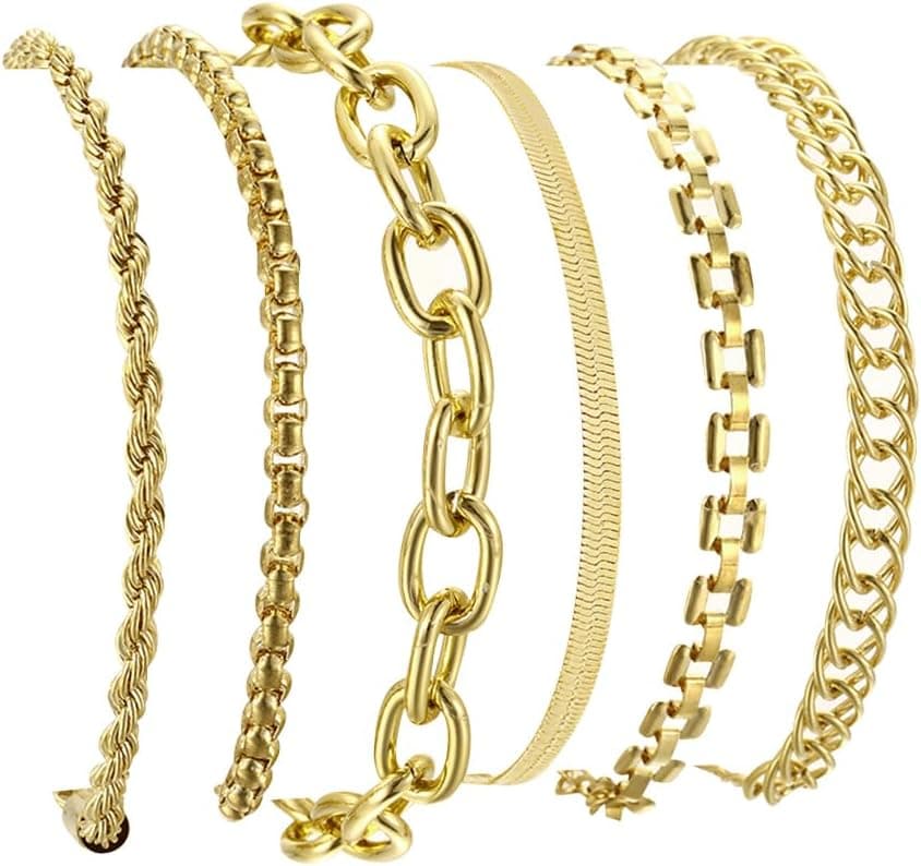 6Pcs Gold Bracelets Set for Women Men, Non Tarnish Adjustable 14K Gold Plated Stackable Chain Bracelet Stack Pack Jewelry Gifts