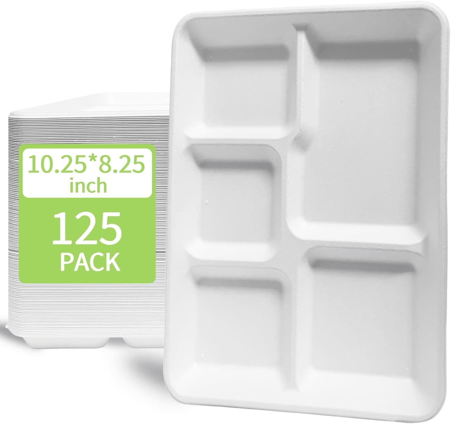 125-Pack 100% Compostable Plates 5 Compartment Paper Plates, Disposable Bagasse School Lunch Tray, Heavy Duty Quality Disposable Tray, Plates for Buffet, and Party