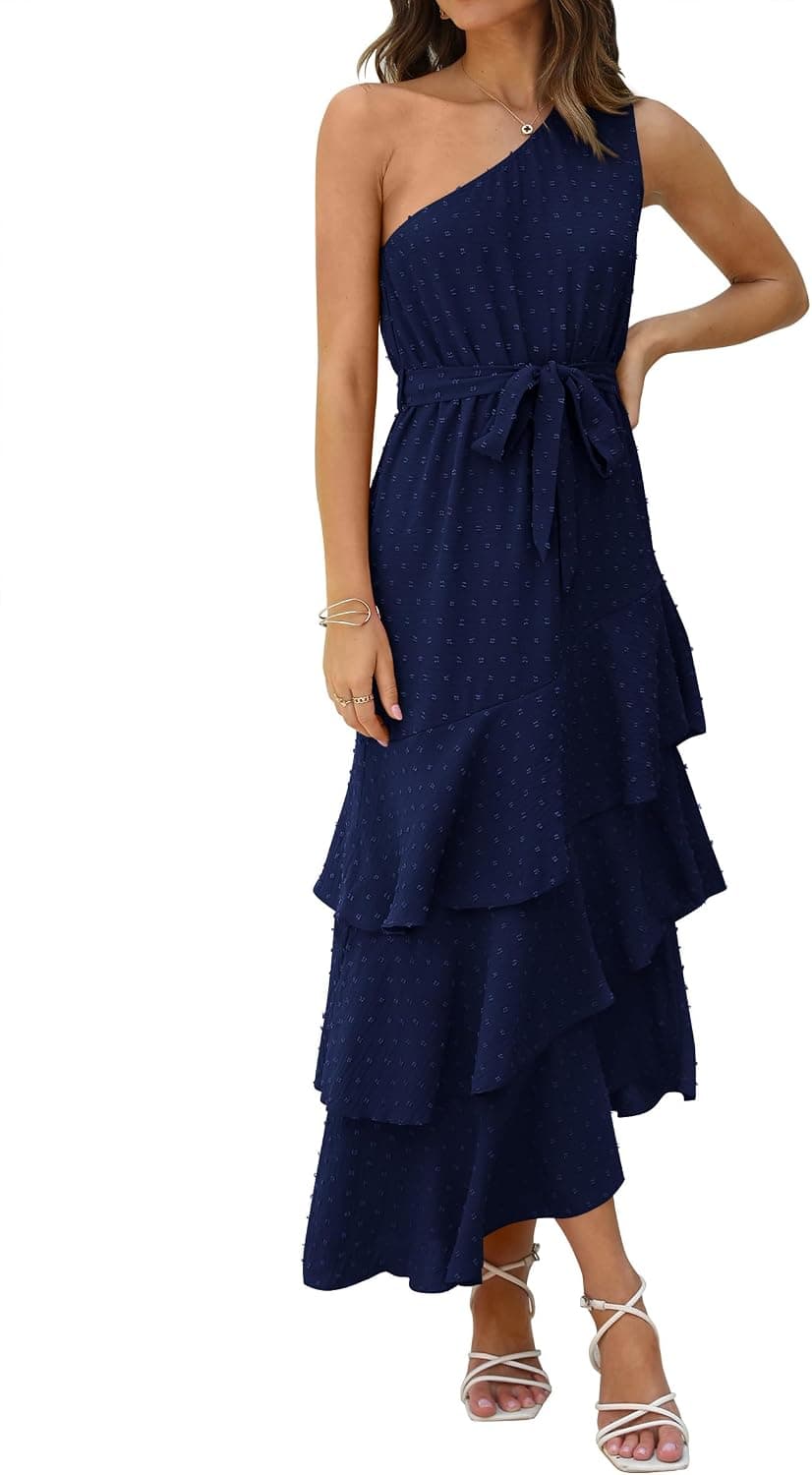PRETTYGARDEN Women's Summer Floral Sundress Casual One Shoulder Tiered Ruffle Flowy Midi Beach Boho Dresses