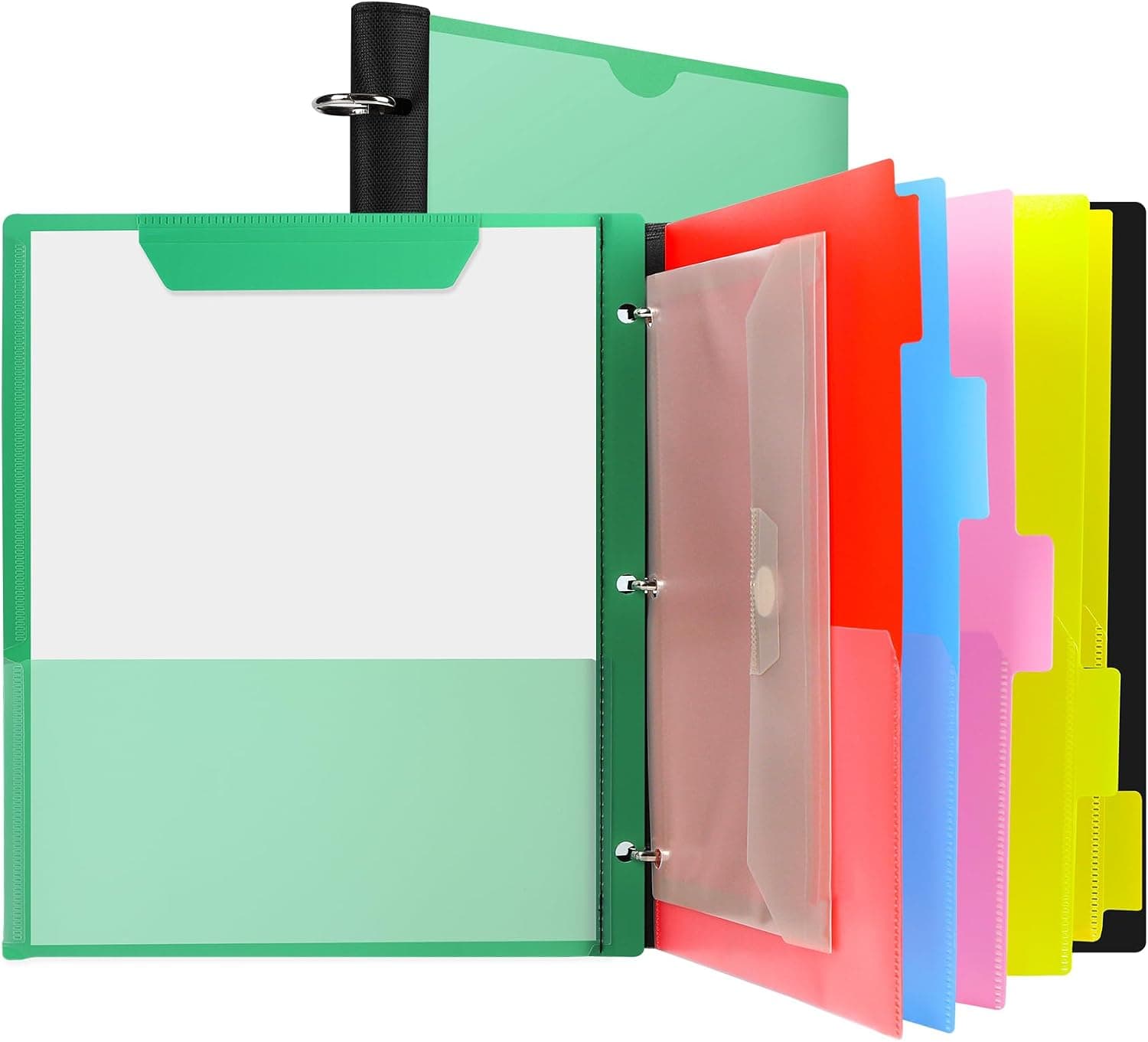 360° Pivotable Project Organizer Folder, 3 Ring Binder 1 Inch | Customizable Cover Multi Pocket Folder Binder, 13 Pocket Folders, Green