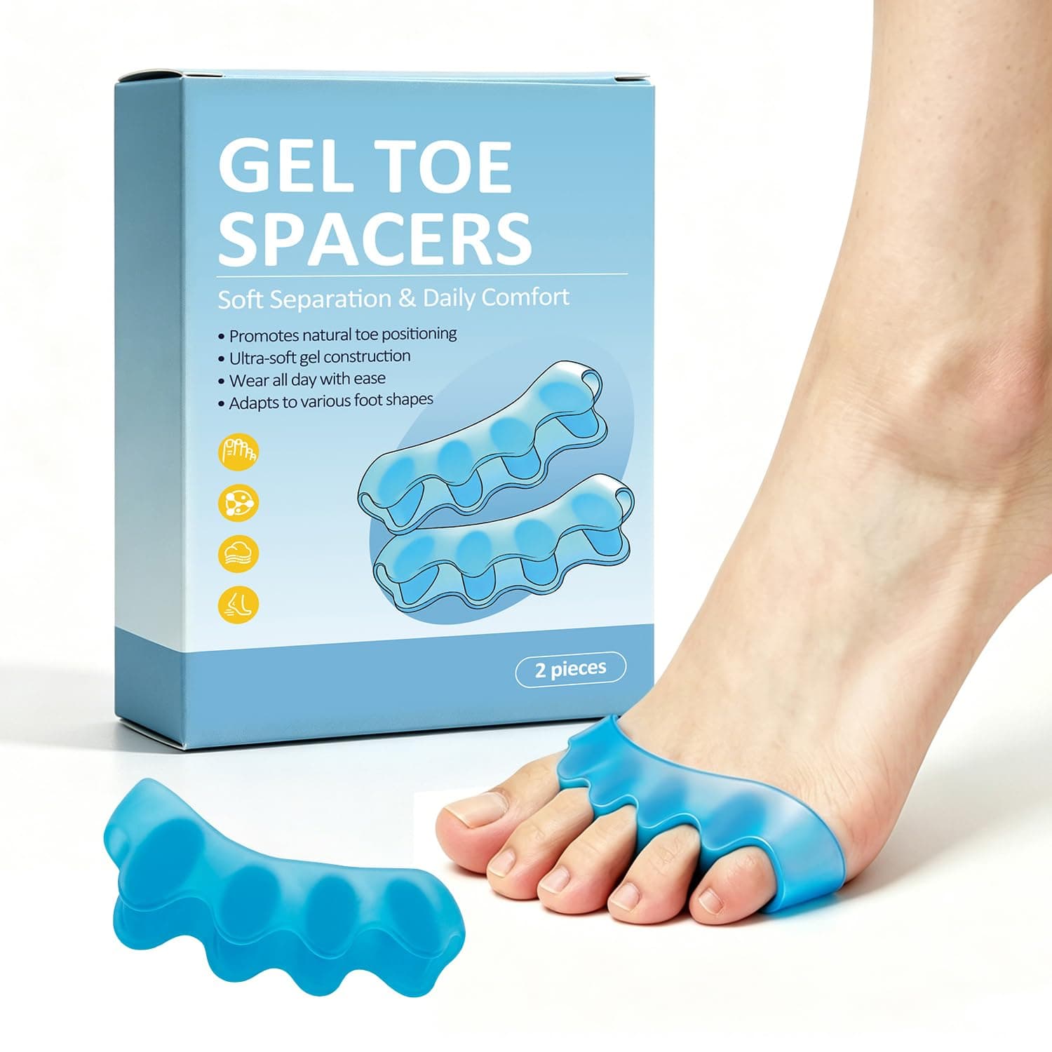 Toe Separators & Toe Spacers for Women Men – Premium Silicone Toe Straightener for Bunion, Hammertoe, Overlapping Toes – Used for Walking, Running & Yoga – 2 Pairs Blue (Regular Size)