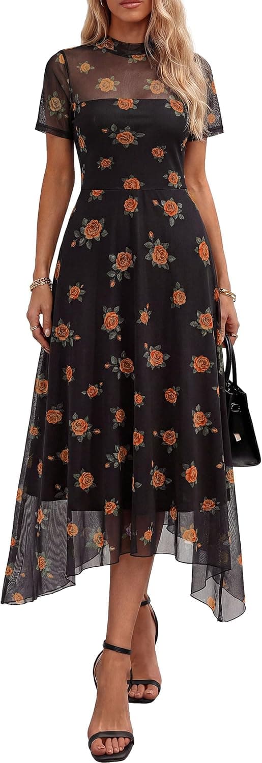 PRETTYGARDEN Cocktail Dresses for Women 2026 Summer Short Sleeve Floral Mesh Sheer Midi Party Wedding Guest Dress