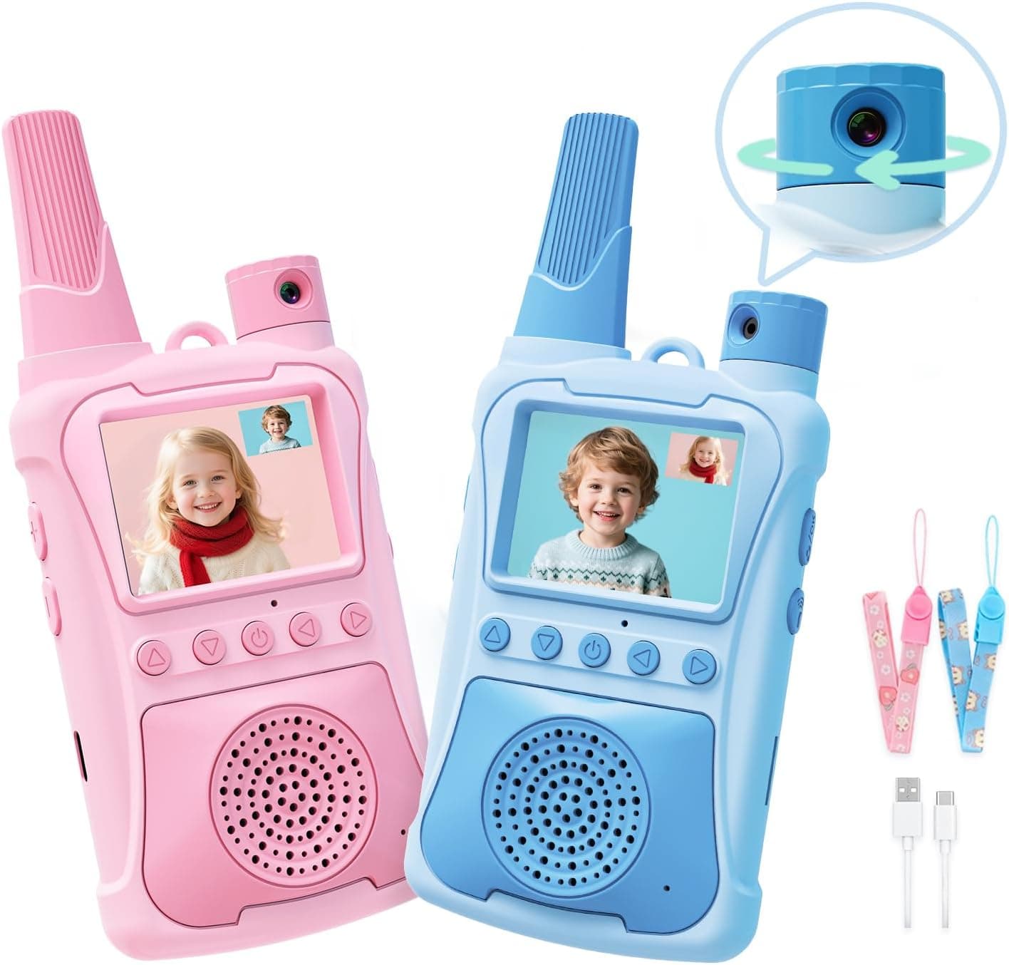 Video Walkie Talkies for Kids 2 Pack with 180° Camera/Games/HD Screen, Rechargeable Long Range Walkie Talkies with Camera, Toddler Indoor Outdoor Toys Birthday Gifts for Girls Boys Age 3-12 Year Old