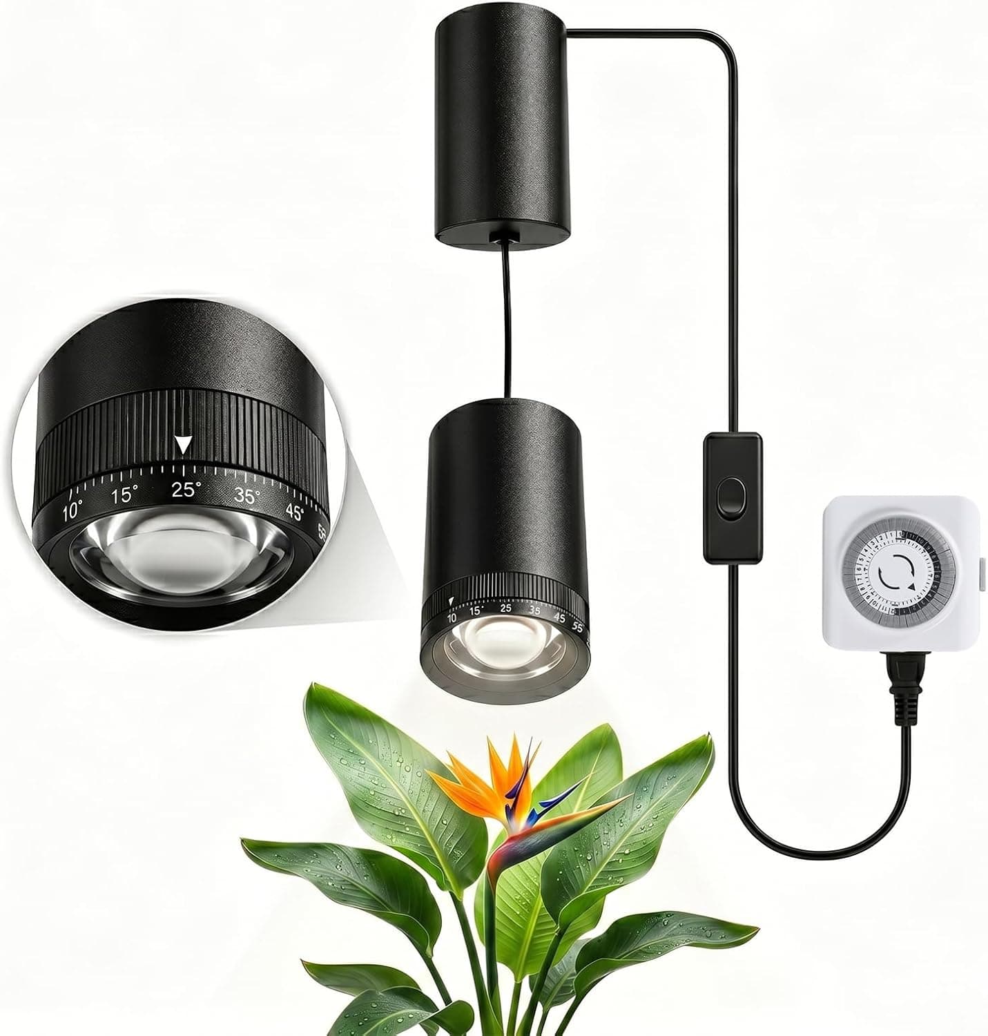 Retractable Hanging Grow Light, Adjustable Beam (10°-55°), 35W Full Spectrum LED Plant Light with Timer, CRI 98+ Pendant Lamp for Monstera, Fiddle Leaf Fig & Large Indoor Plants