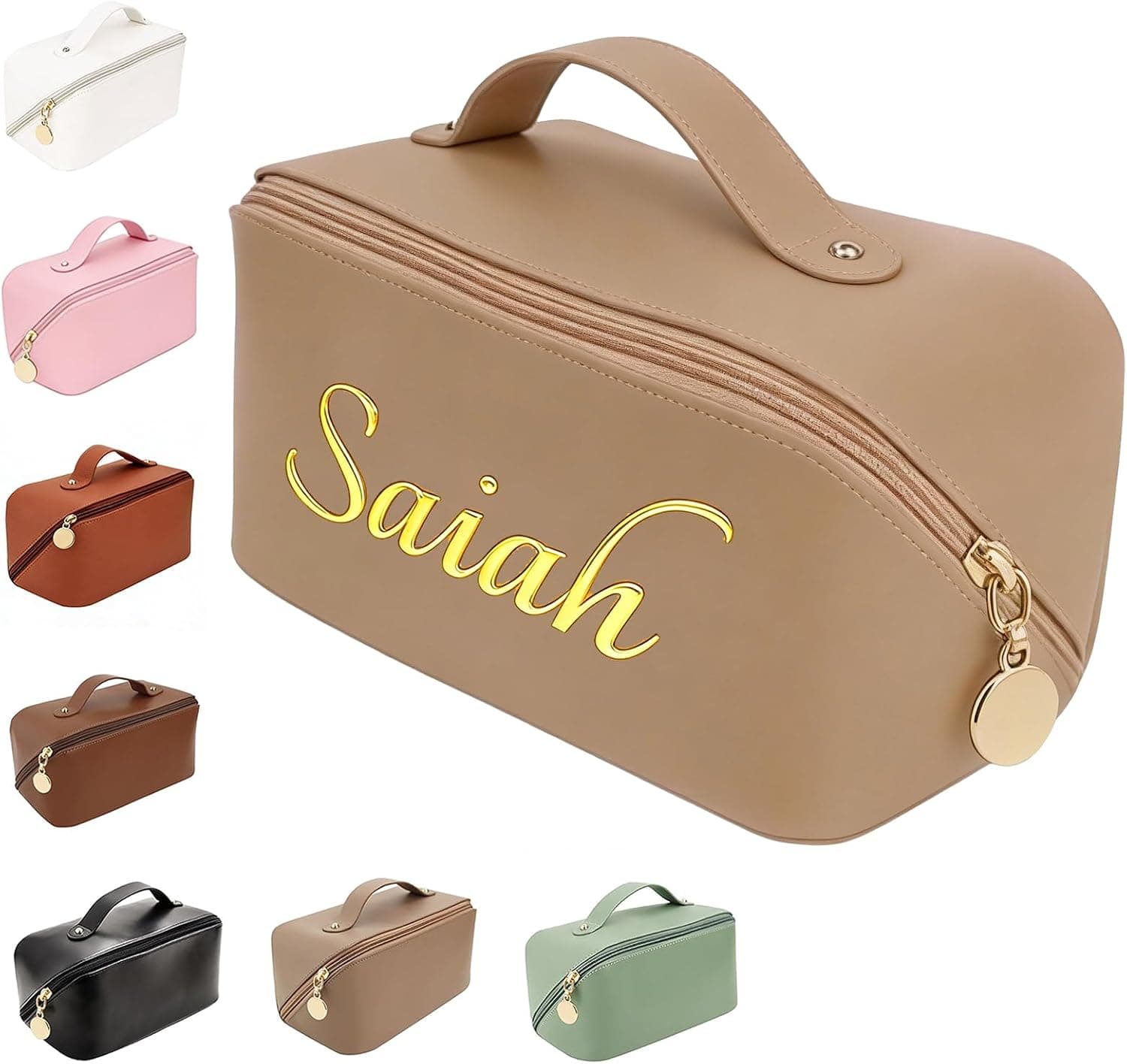 Personalized Makeup Bag with Custom Name - Large Capacity Travel Cosmetic Organizer, PU Leather Toiletry Bag for Women, Mothers Day Gift Idea with Handle & Dividers