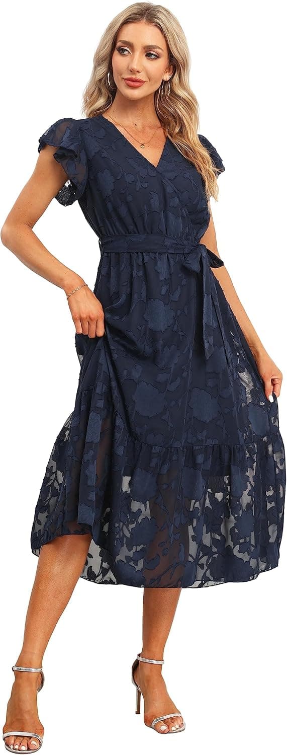 Vintage Clothing Women's Floral Chiffon Wrap Midi Dress | Flowy Boho Summer Dress