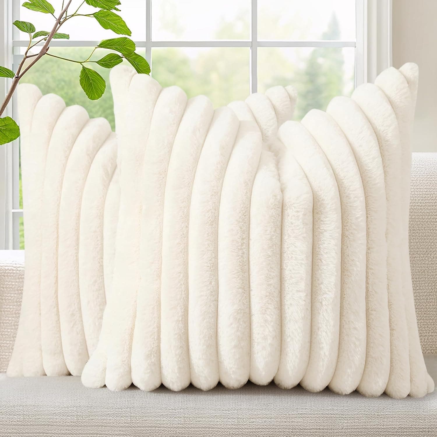 Fall Cozy Faux Fur Throw Pillow Covers 18x18 Set of 2 | Modern Farmhouse Boho Couch Pillow Cases with Velvet Back
