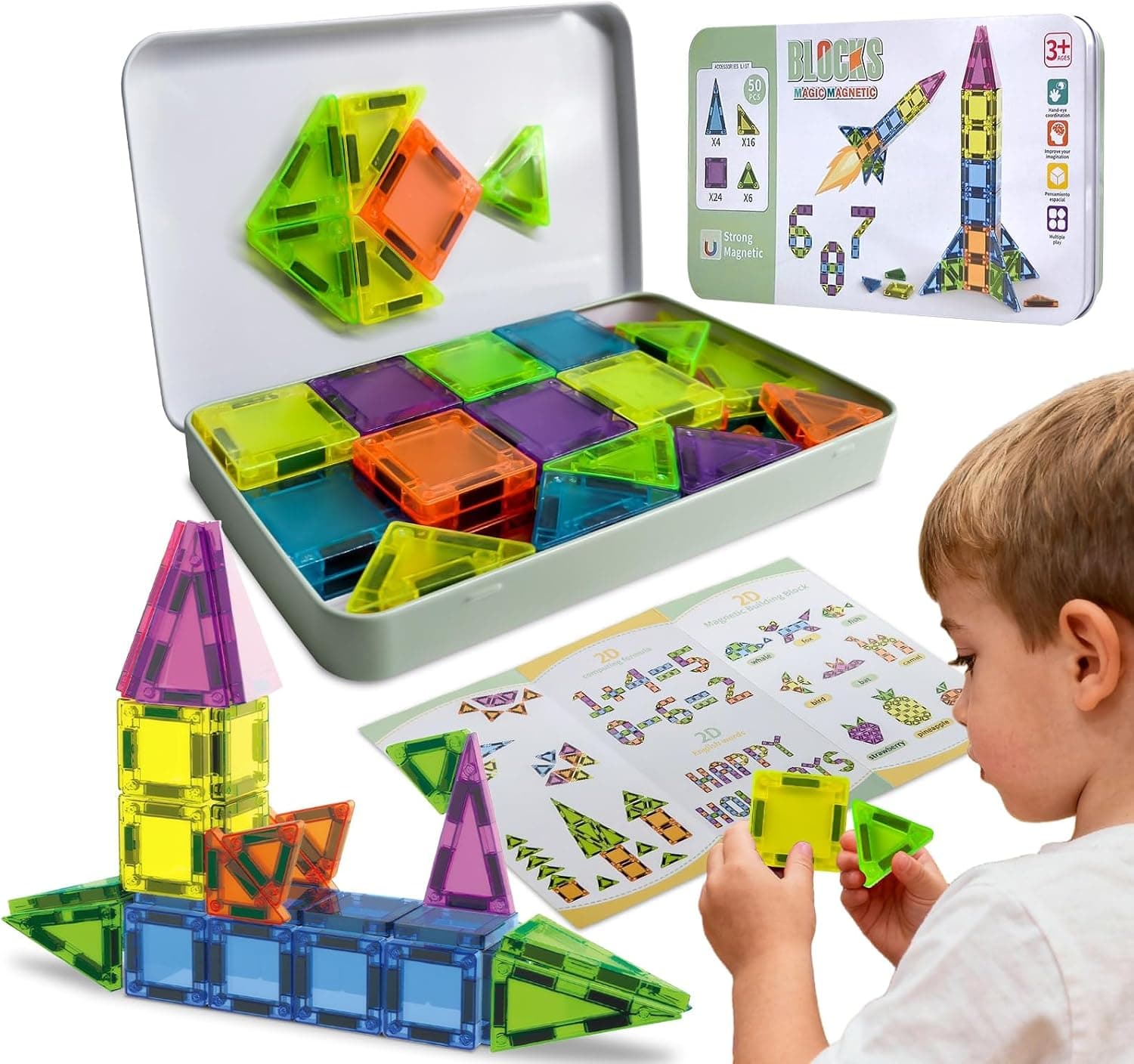 OCES 50PCS Mini Magnetic Tiles, Building Blocks Travel Set Magnetic Toys for Kids Ages 4-8 with Iron Case, Montessori Educational Toddler Puzzle Creativity Birthday Gift for Boys & Girls