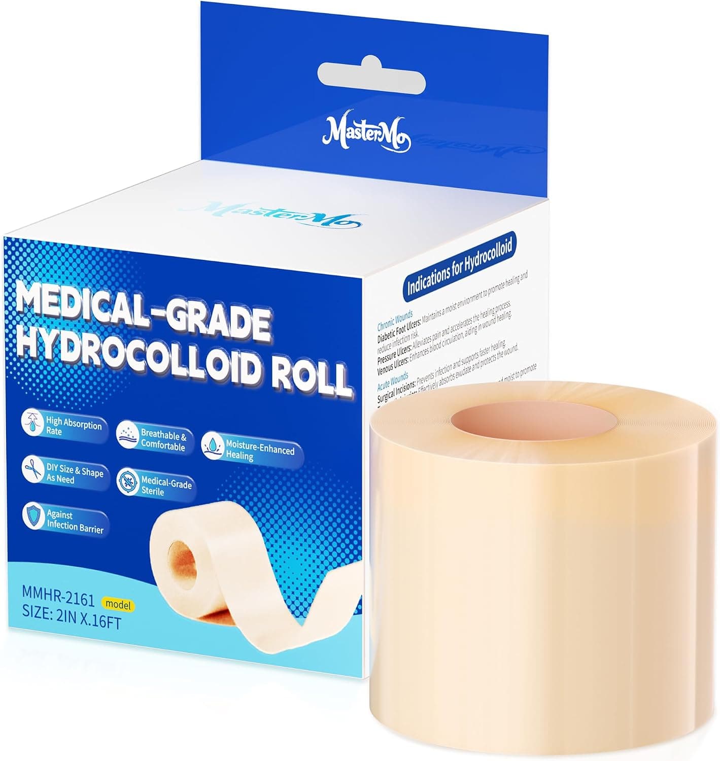 MasterMo Hydrocolloid Roll for Wound Care, 2in x 16ft Medical-Grade Extra Large Hydrocolloid Patch Bandages with Self-Adhesive, Cut-to-Size Ultra Absorbent, Flexible & Waterproof