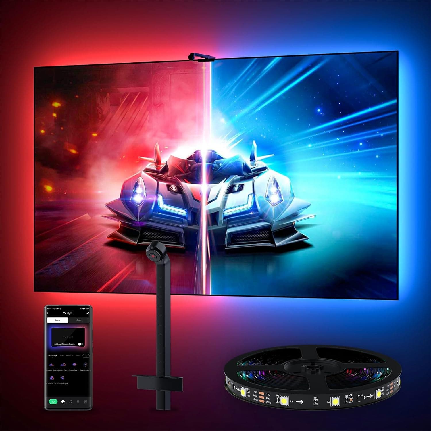 TV LED Backlight with AR Sensor,12.4FT RGB Strip Lights for 32-60 inch PC, TV & Monitor, Smart TV Lights Behind that Sync with Screen, Compatible with App Music Sync, for Gaming Room