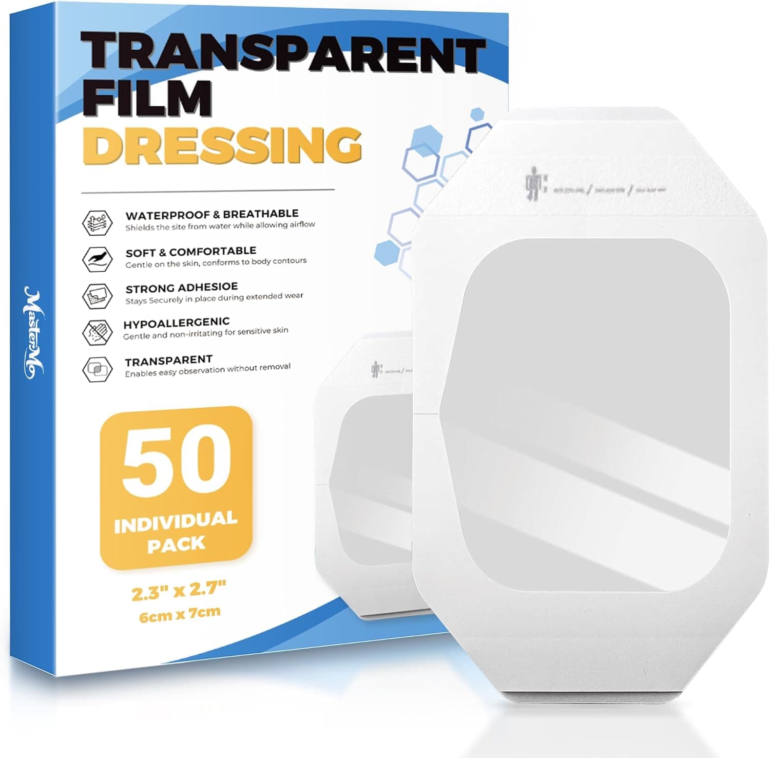 MasterMo Transparent Film Dressing 50 Packs, Waterproof Adhesive Clear Bandages 2.3 in x 2.7 in, Wound Cover for IV Shield, Tattoo Aftercare Bandage,Clear Bandage Tape for Wound Care