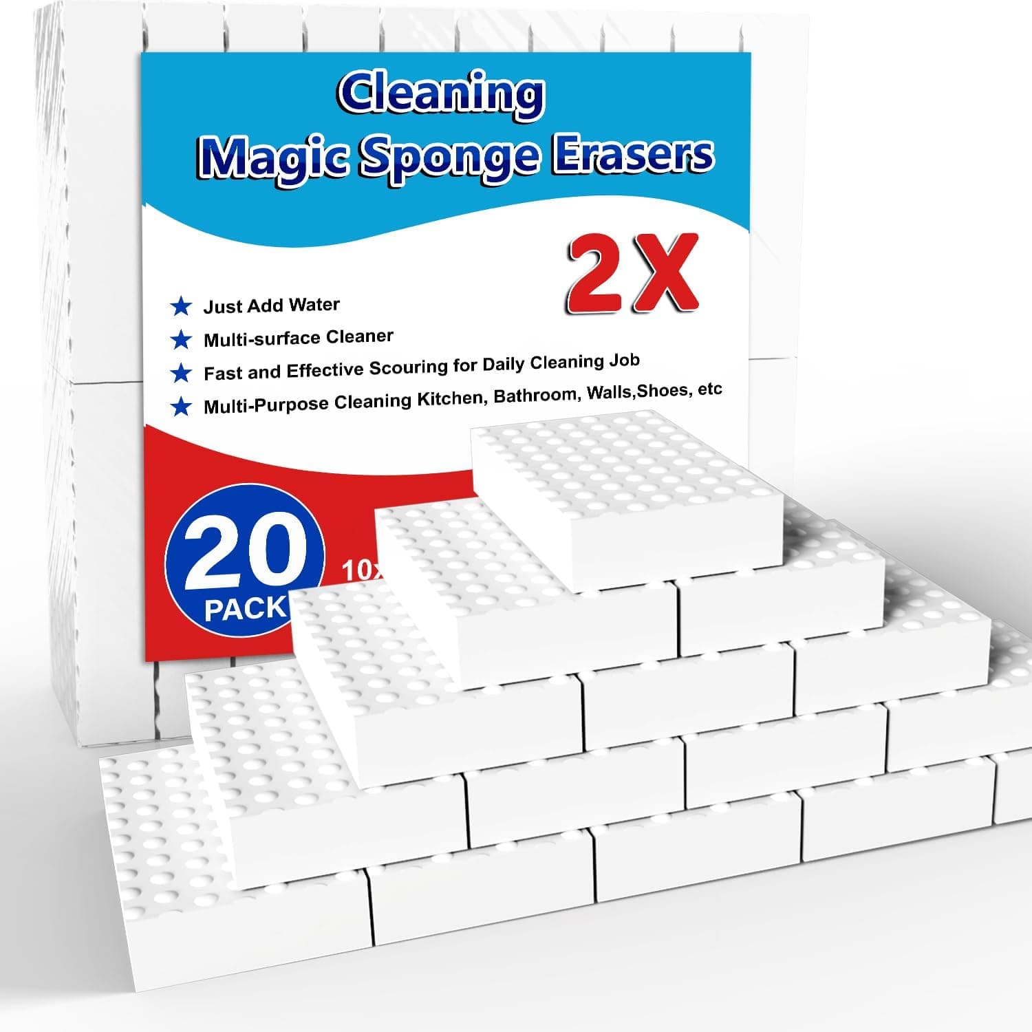 SmilinFit 2x Density Magic Sponge Erasers (20 Pack) - Non-Irritating Melamine Foam for Easy Stain Removal